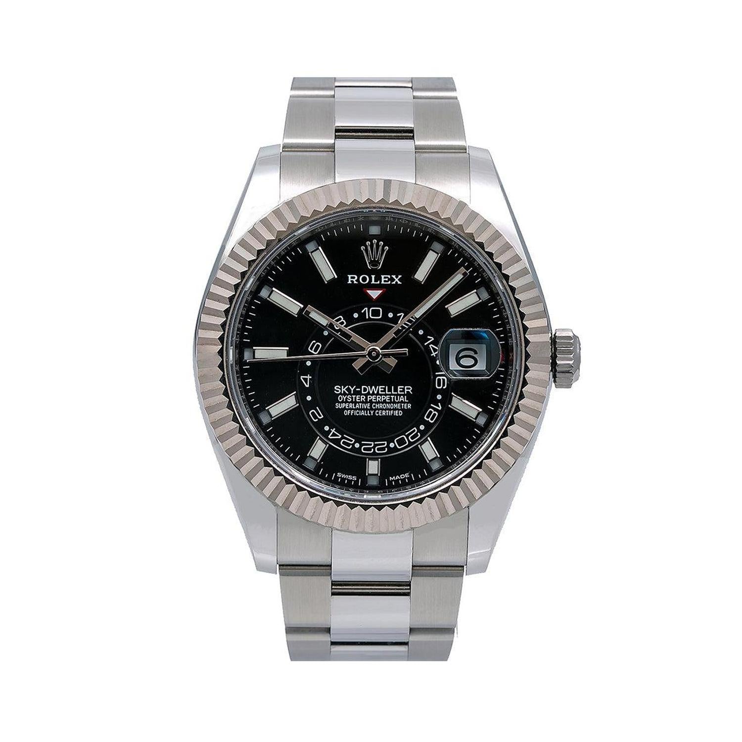Rolex Sky-Dweller 42MM 326934 Black Dial White Gold Fluted Bezel Stainless Steel Oyster Bracelet