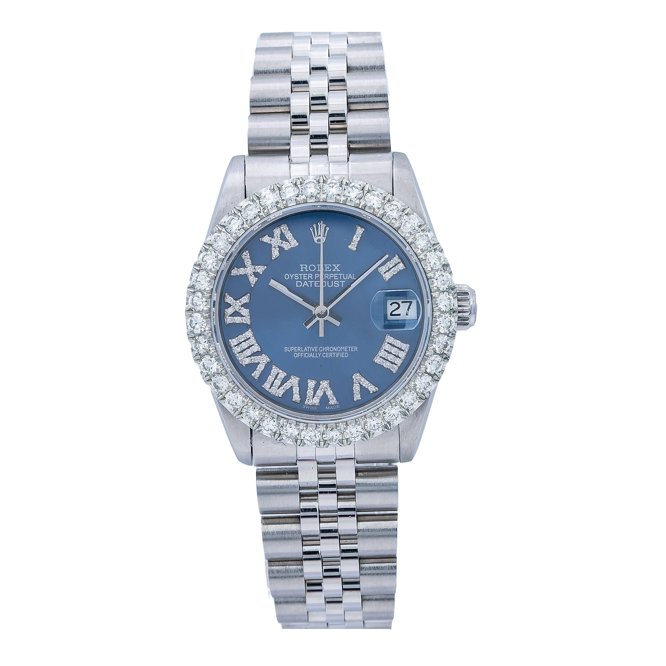 Rolex Datejust 31MM 68274 Blue Roman Dial Diamond Bezel Stainless Steel Jubilee Bracelet 1.5ct