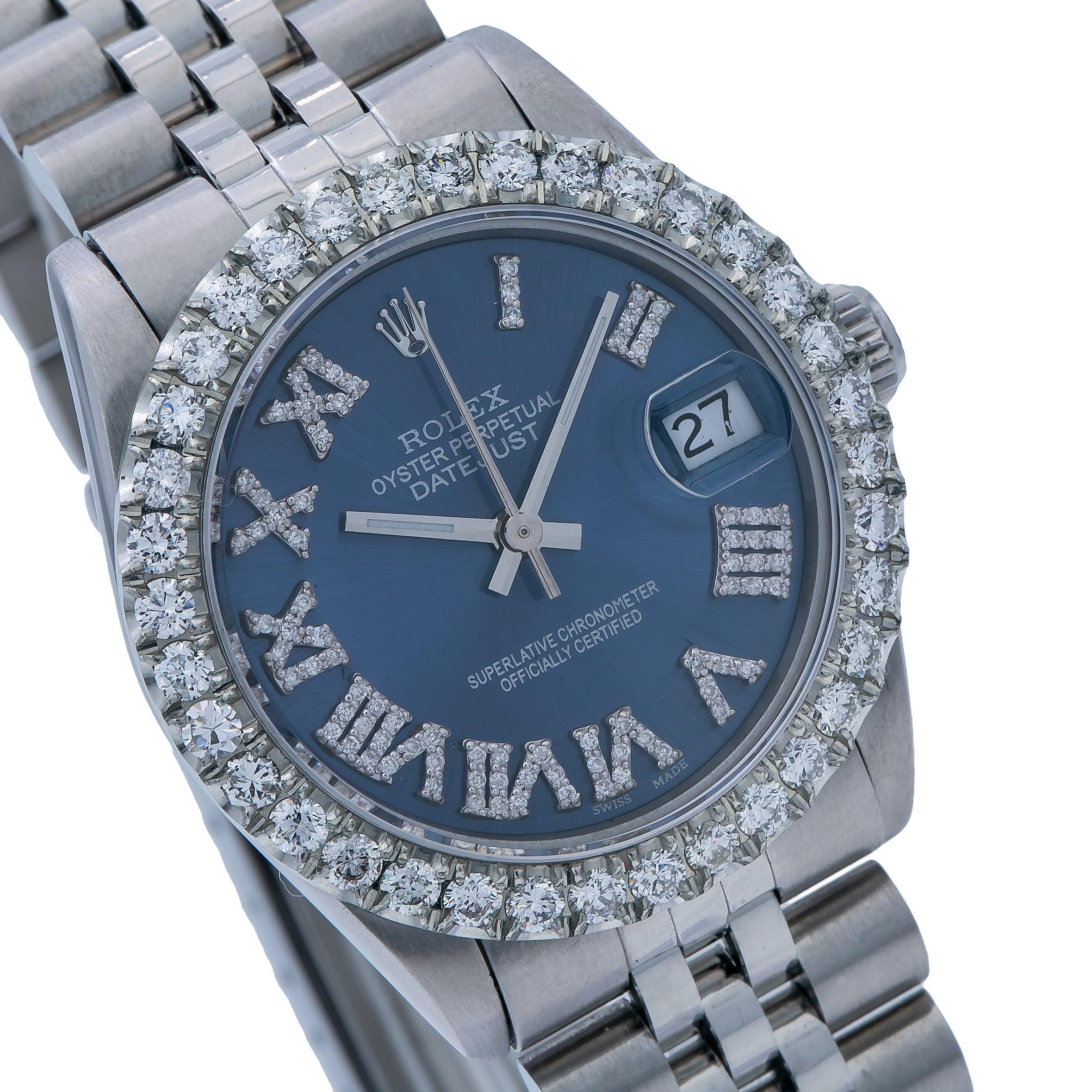 Rolex Datejust 31MM 68274 Blue Roman Diamond Dial Diamond Bezel Stainless Steel Jubilee Bracelet 1.5ct