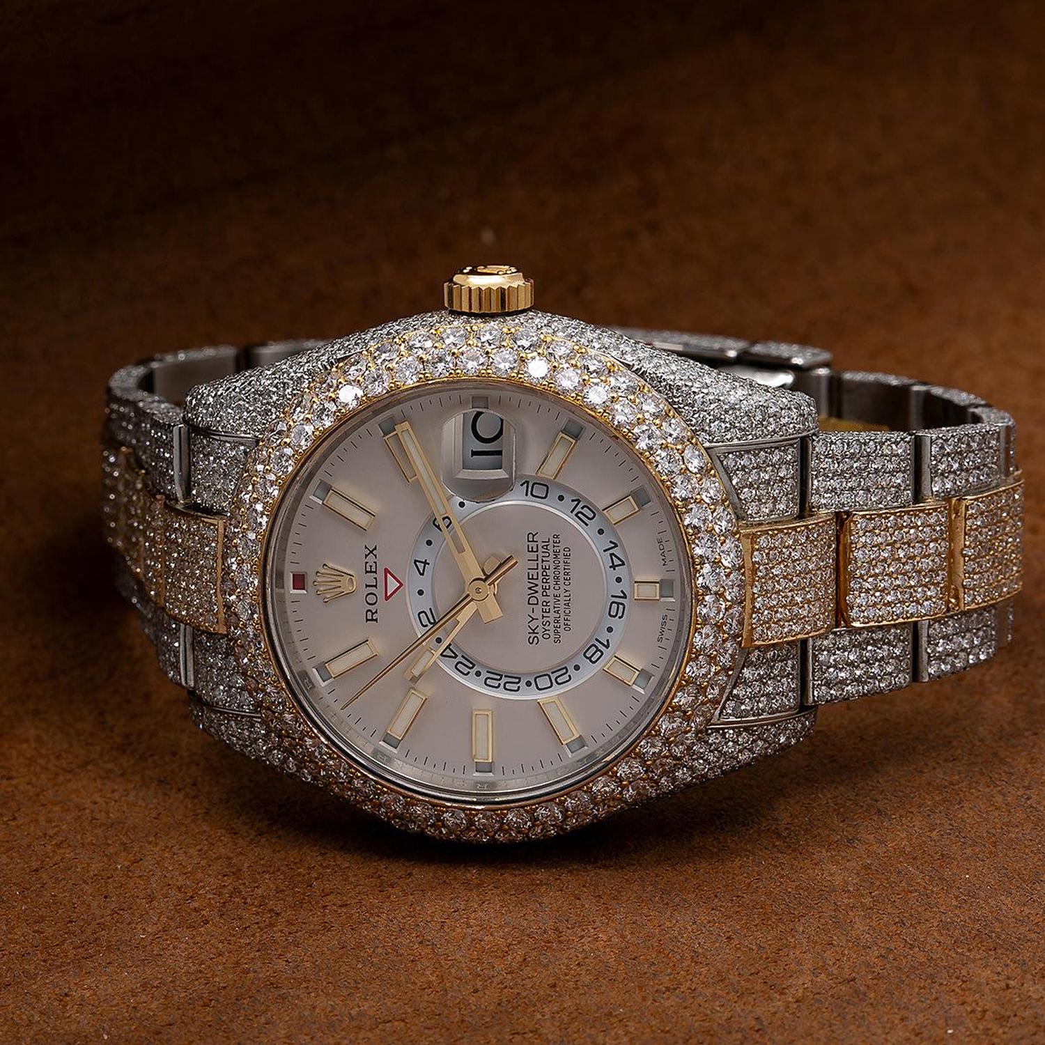 Rolex Sky-Dweller 42MM 326933 White Dial Diamond Bezel Two Tone Yellow Gold Full Diamond Oyster Bracelet