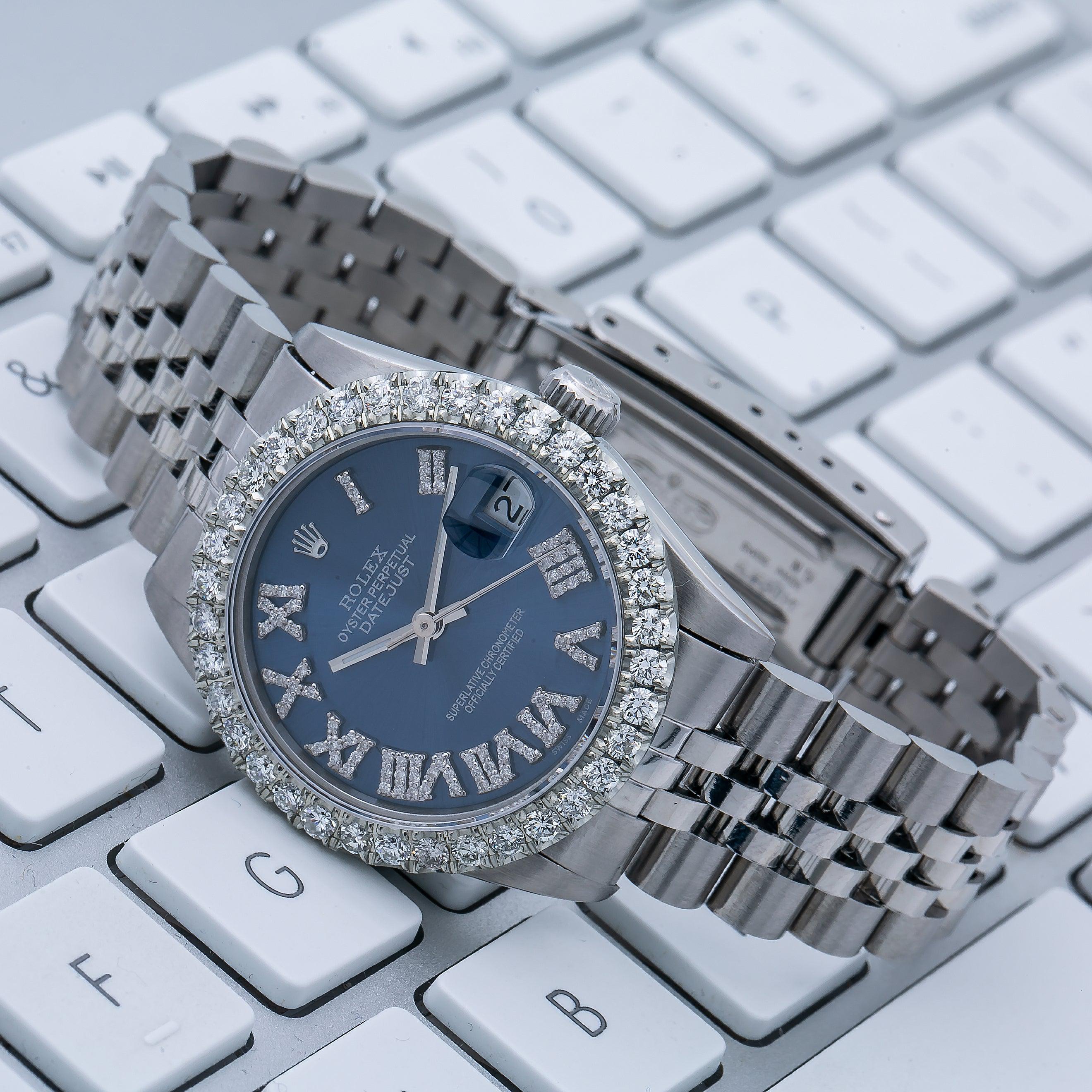 Rolex Datejust 31MM 68274 Blue Roman Diamond Dial Diamond Bezel Stainless Steel Jubilee Bracelet 1.5ct