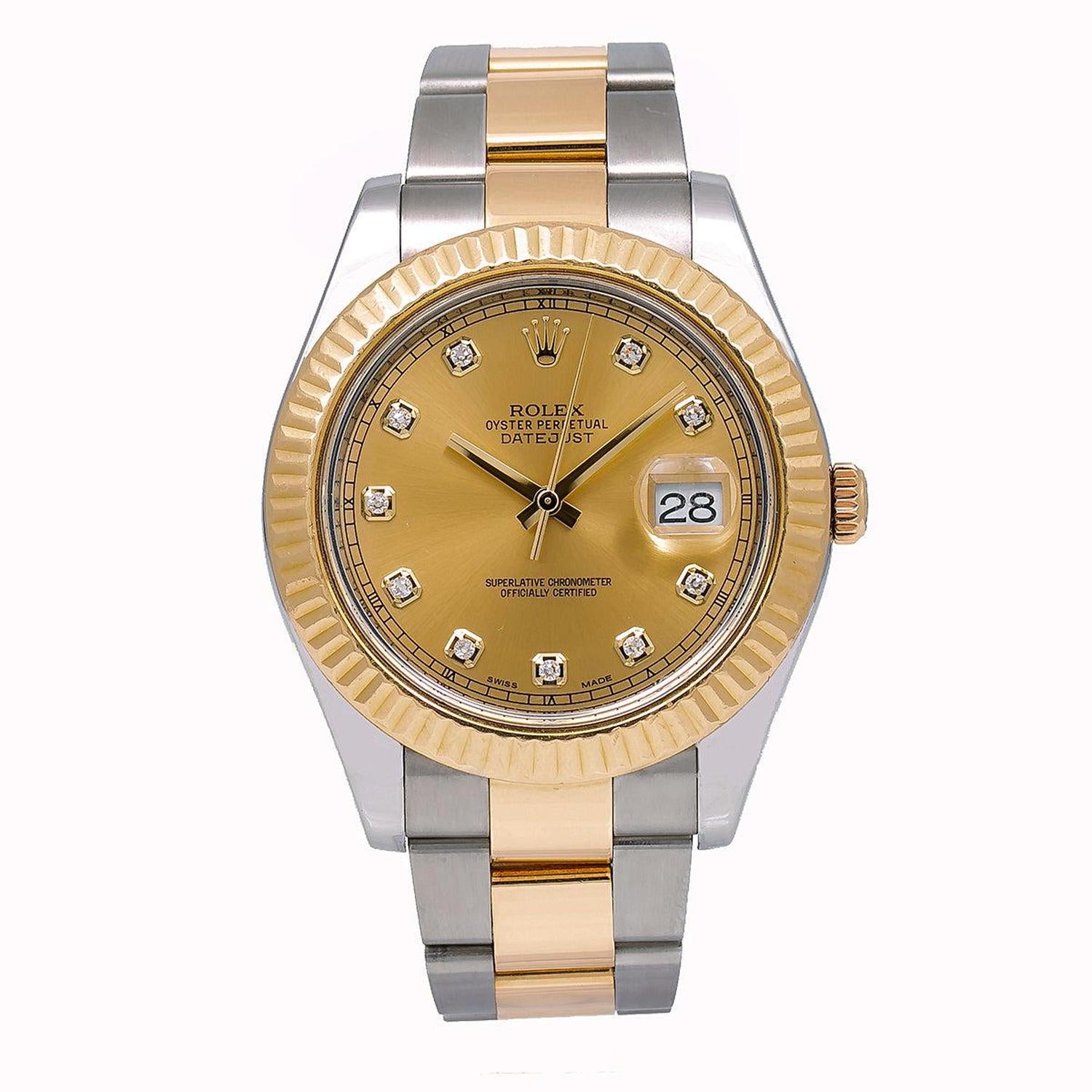 Rolex Datejust 41MM 116333 Champagne Diamond Dial Yellow Gold Fluted Bezel Two Tone Oyster Bracelet