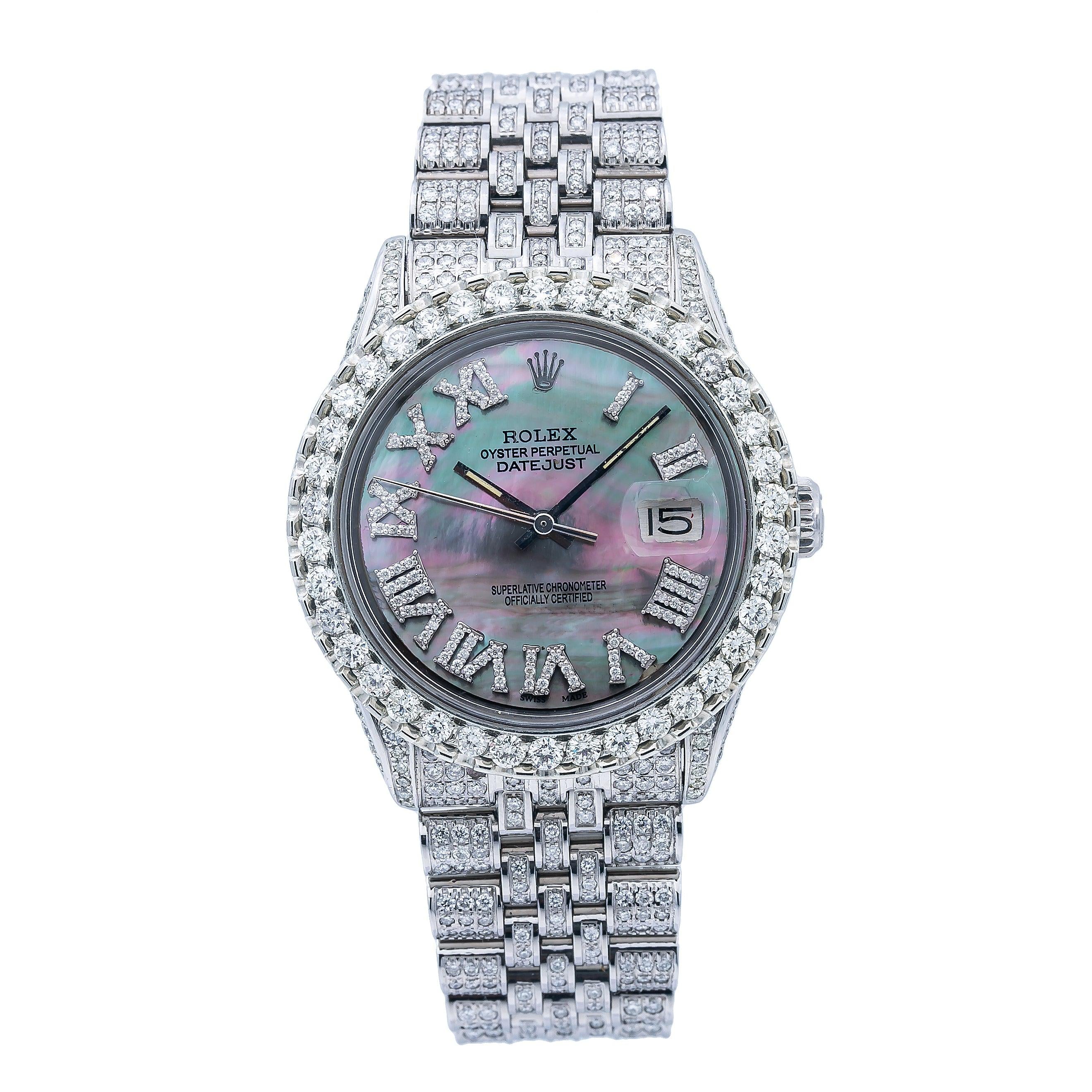 Rolex Datejust 36MM 1601 Black Mother of Pearl Roman Dial Diamond Bezel Full Diamond Oyster Bracelet 8.25ct