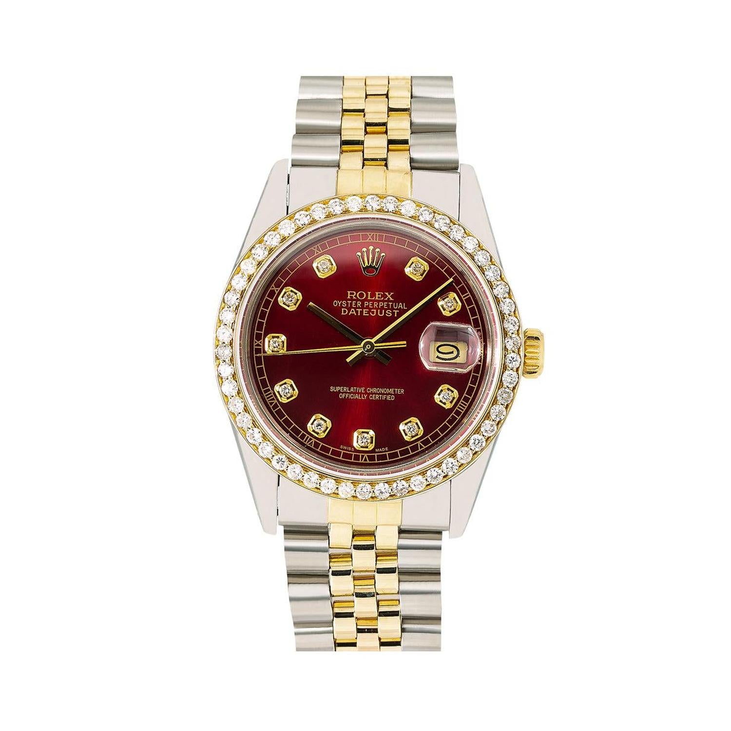 Rolex Datejust 36MM 16013 Red Diamond Dial Diamond Bezel Two Tone Jubilee Bracelet