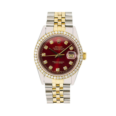 Rolex Datejust 36MM 16013 Red Diamond Dial Diamond Bezel Two Tone Yellow Gold Jubilee Bracelet