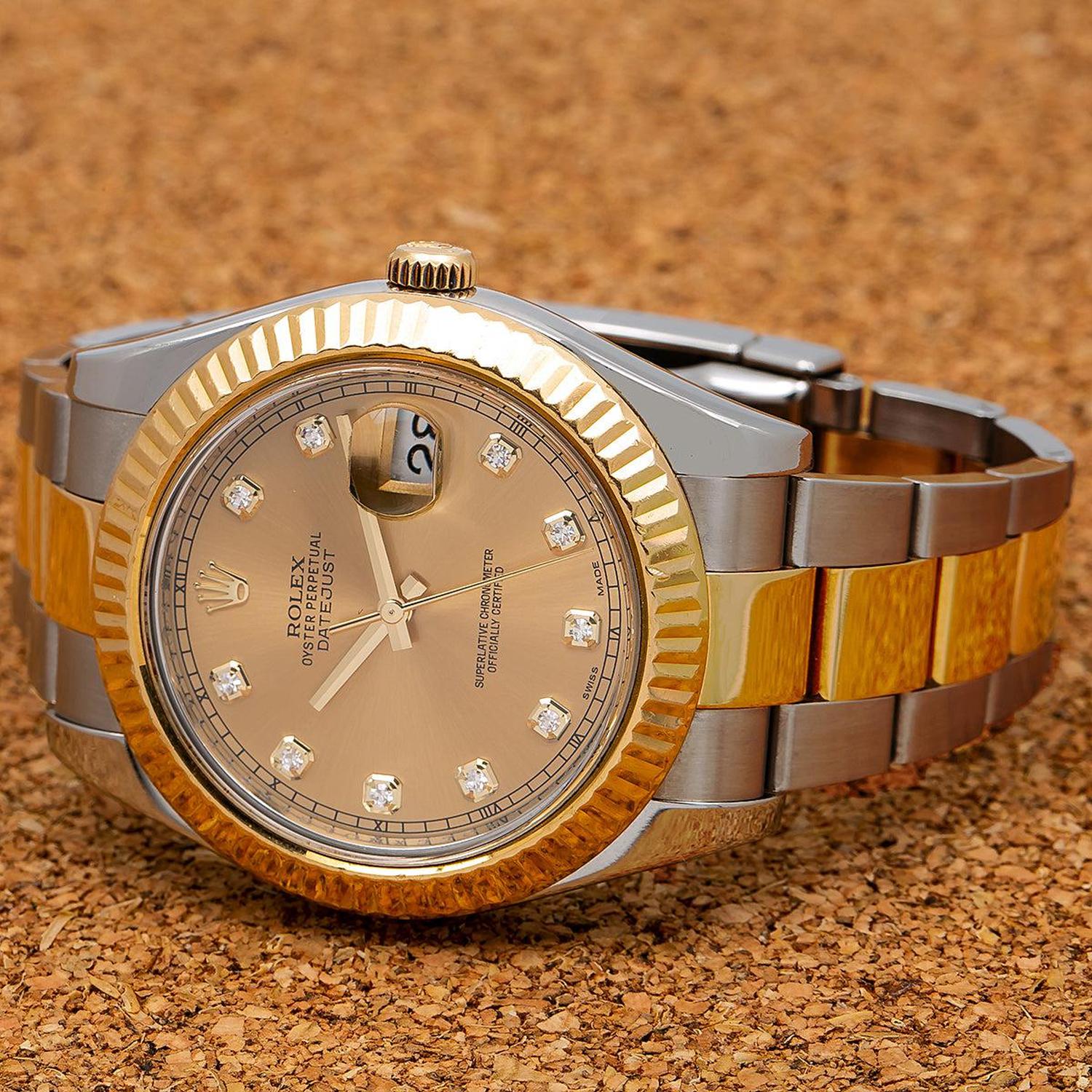 Rolex Datejust 41MM 116333 Champagne Diamond Dial Fluted Bezel Two Tone Yellow Gold Oyster Bracelet