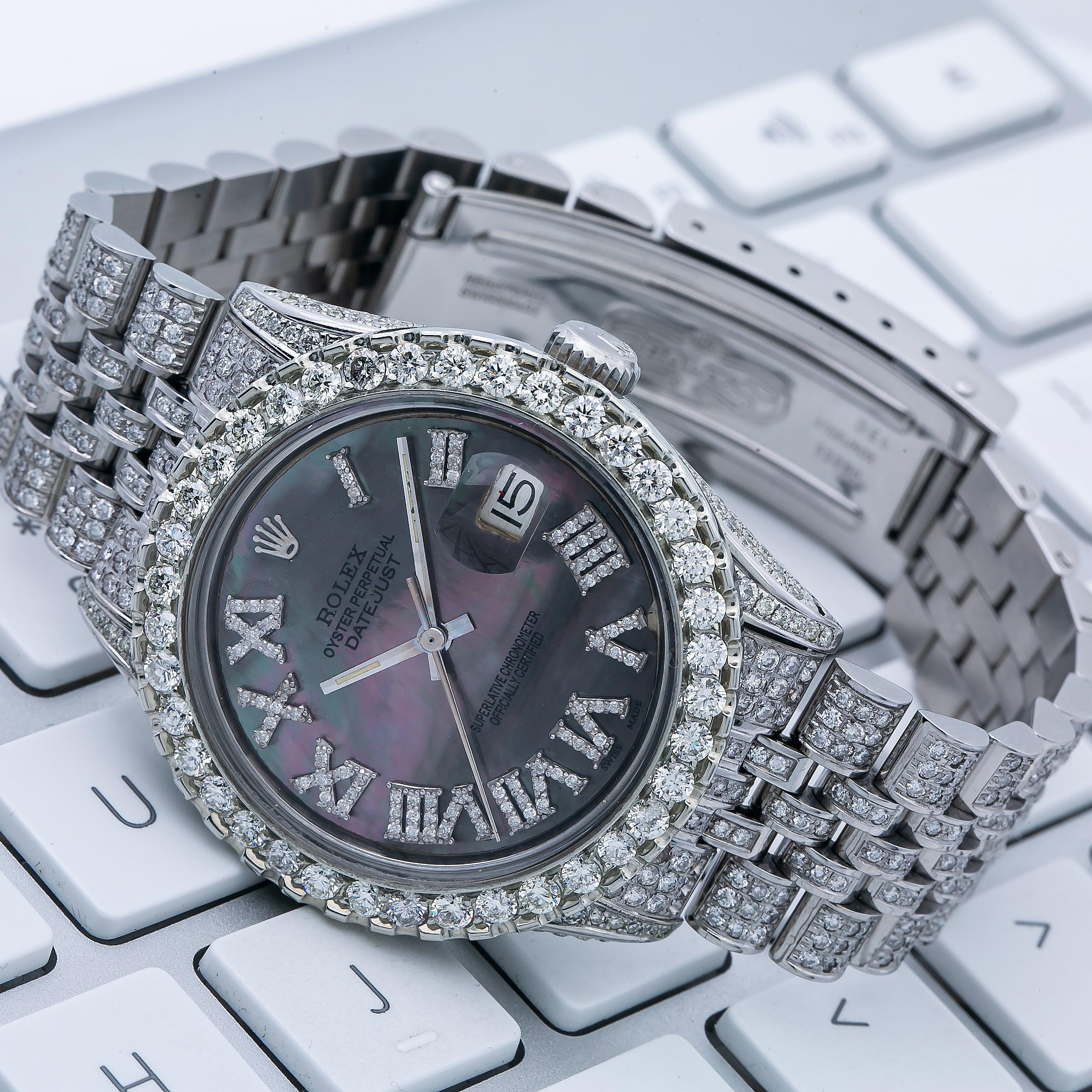 Rolex Datejust 36MM 1601 Black Mother of Pearl Roman Diamond Dial Diamond Bezel Stainless Steel Full Diamond Jubilee Bracelet 8.25ct