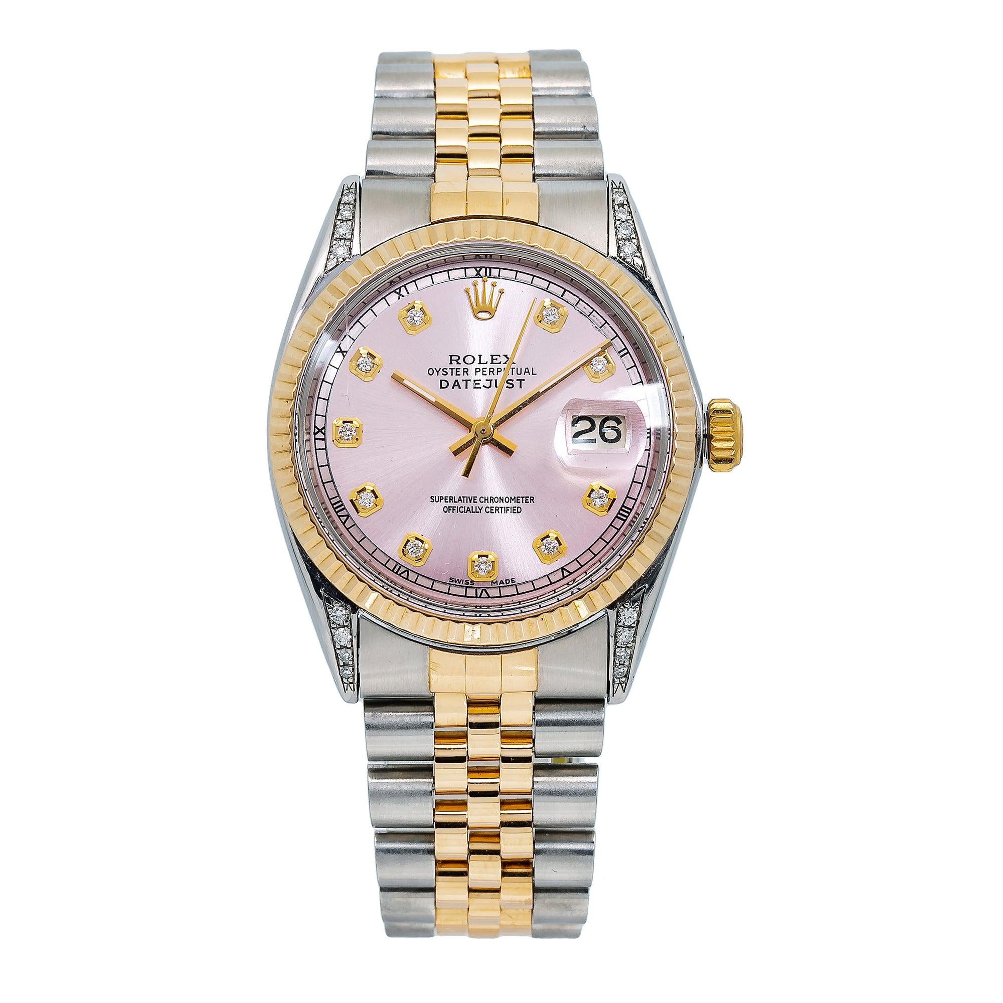 Rolex Datejust 36MM 16013 Light Pink Diamond Dial Yellow Gold Fluted Bezel Two Tone Jubilee Bracelet
