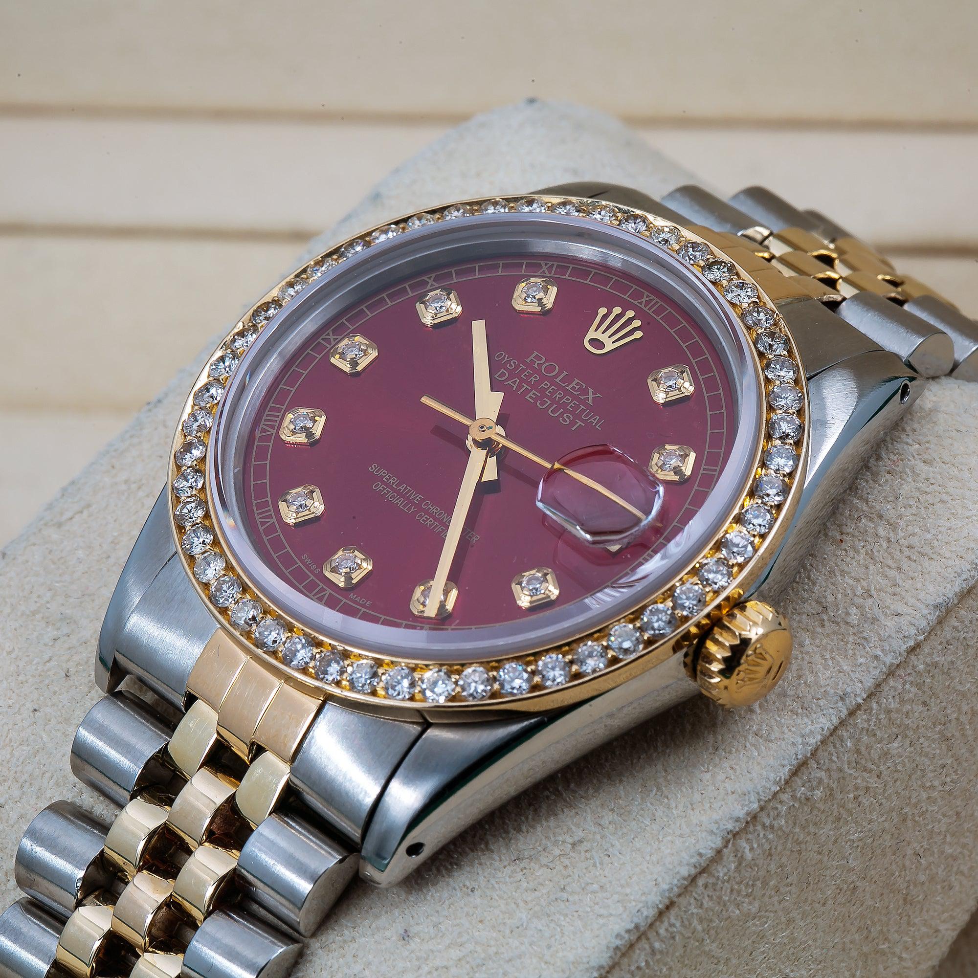 Rolex Datejust 36MM 16013 Red Diamond Dial Diamond Bezel Two Tone Yellow Gold Jubilee Bracelet