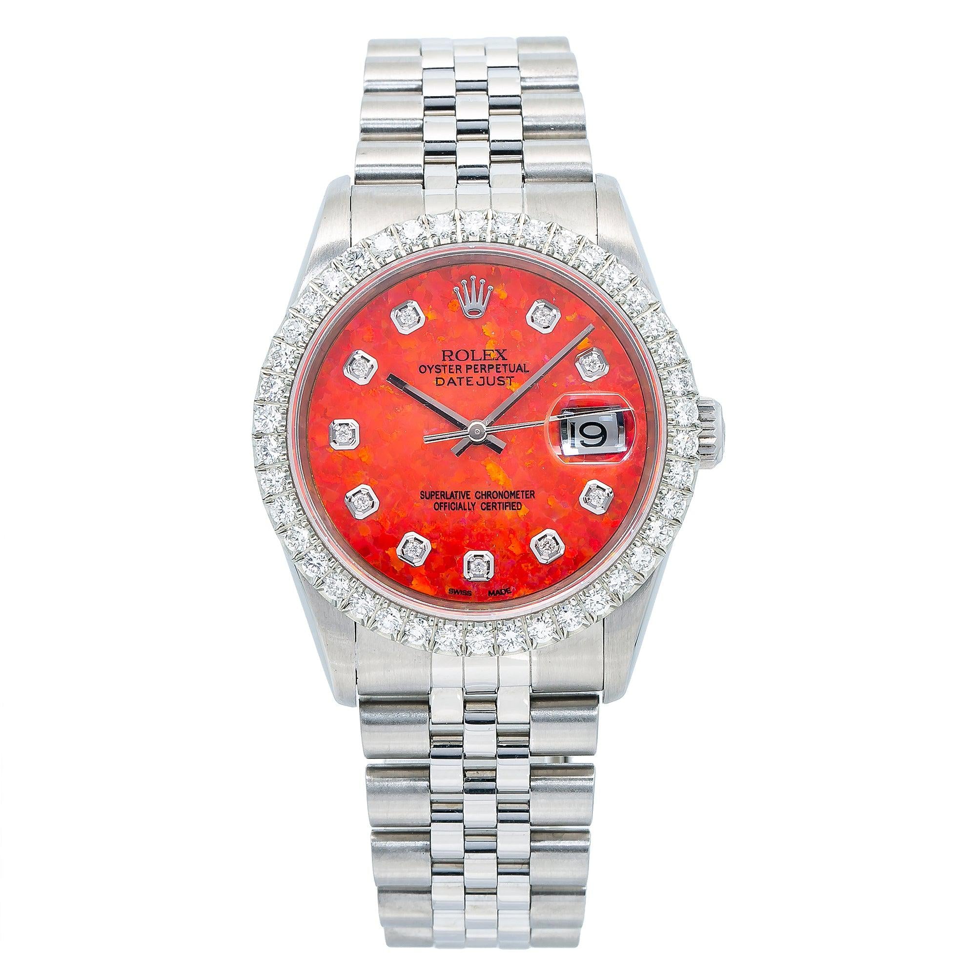 Rolex Datejust 36MM 16200 Red Diamond Dial Diamond Bezel Stainless Steel Jubilee Bracelet