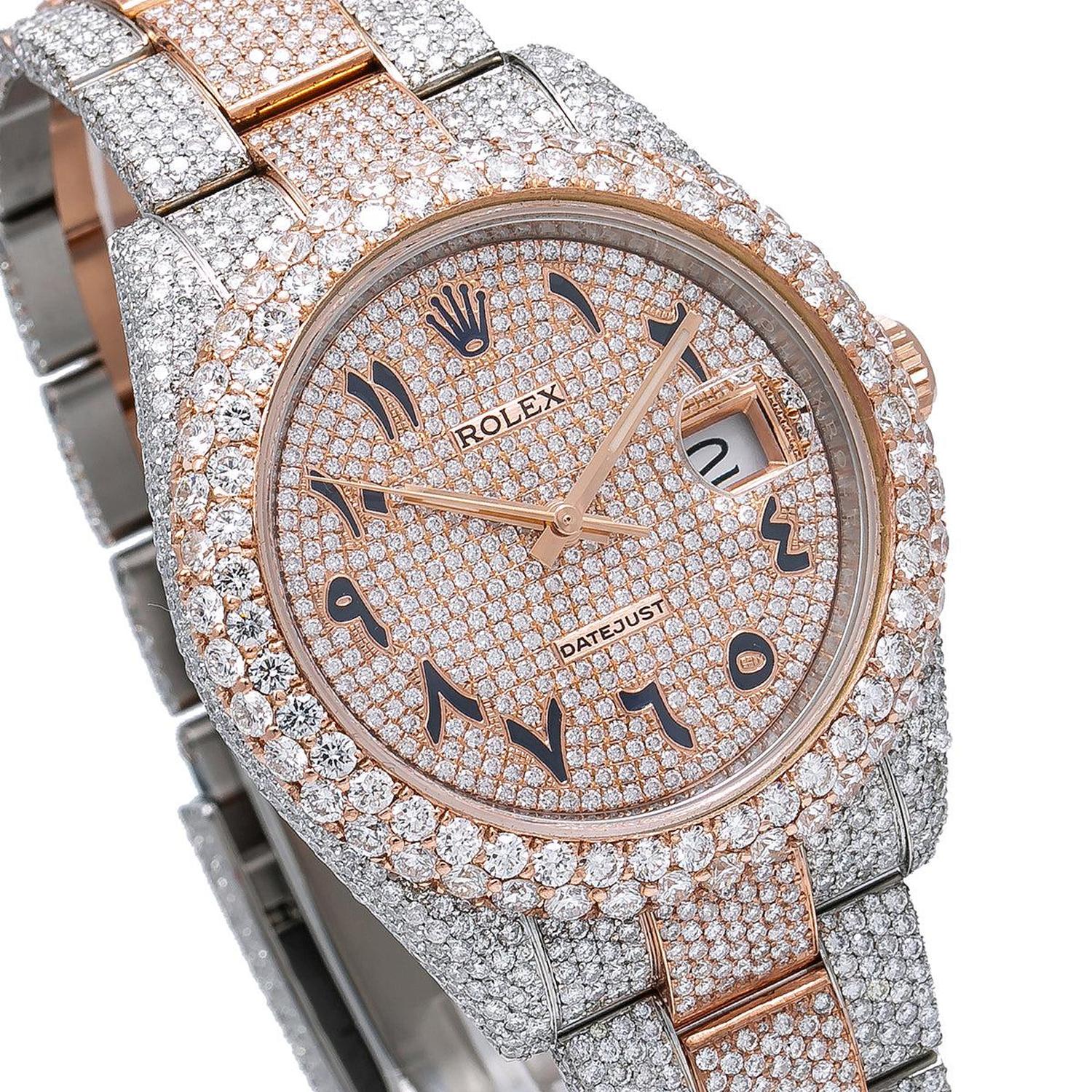Rolex Datejust 41MM 126301 Diamond Paved Eastern Arabic Dial Diamond Bezel Two Tone Rose Gold Full Diamond Oyster Bracelet 21.25ct