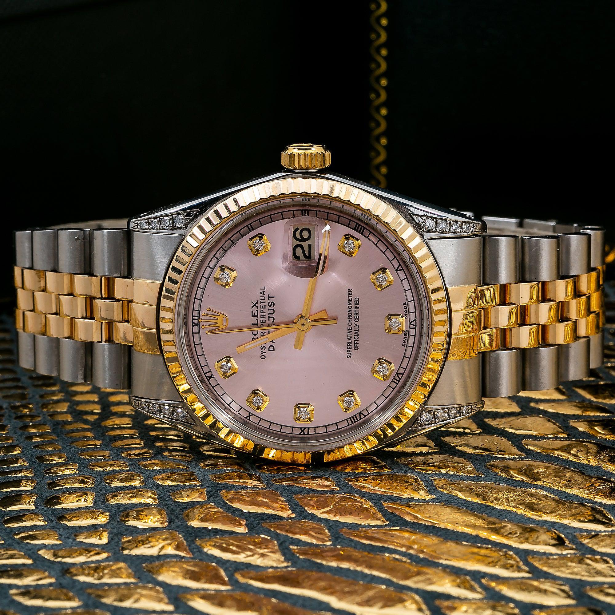 Rolex Datejust 36MM 16013 Pink Diamond Dial Fluted Bezel Two Tone Yellow Gold Jubilee Bracelet