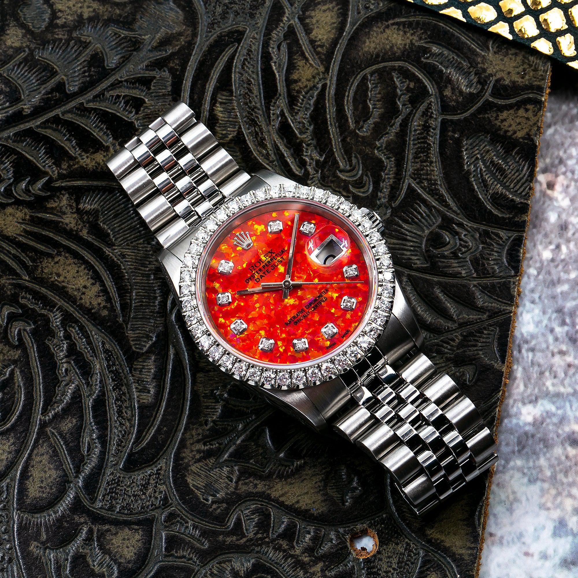 Rolex Datejust 36MM 16200 Red Diamond Dial Diamond Bezel Stainless Steel Jubilee Bracelet