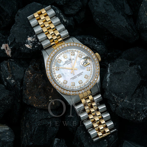 Rolex Oyster Perpetual Diamond Watch, Date 1500 34mm, Mother of Pearl Diamond Dial With Two Tone Oyster Bracelet