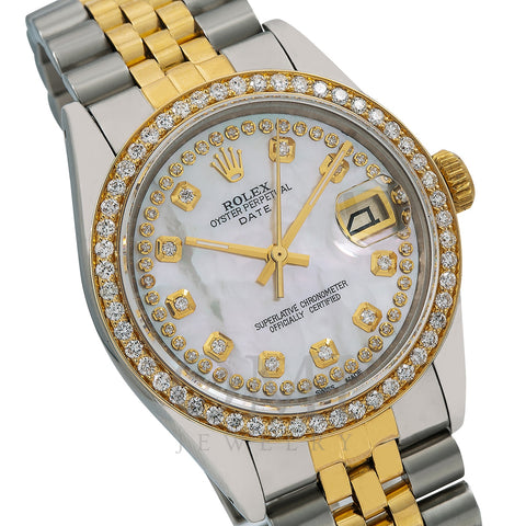 Rolex Oyster Perpetual Diamond Watch, Date 1500 34mm, Mother of Pearl Diamond Dial With Two Tone Oyster Bracelet