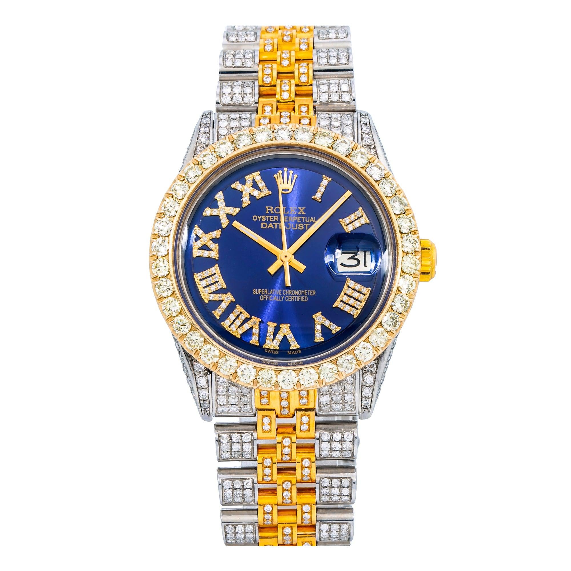 Rolex Datejust 36MM 1601 Blue Roman Dial Diamond Bezel Two Tone Full Diamond Jubilee Bracelet 8.75ct