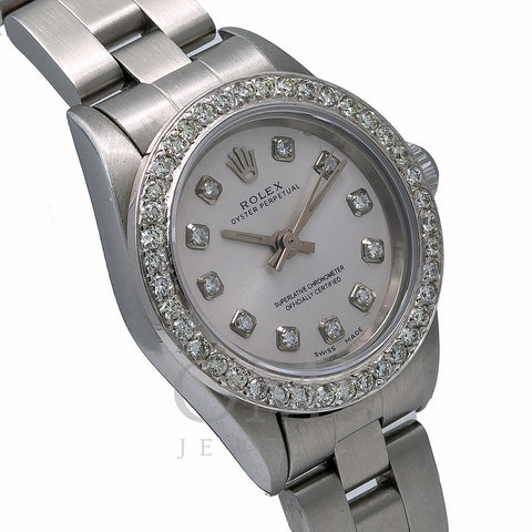 Rolex Oyster Perpetual Ladies Diamond Watch, 76094 26mm, Silver Diamond Dial With 0.90 CT Diamonds