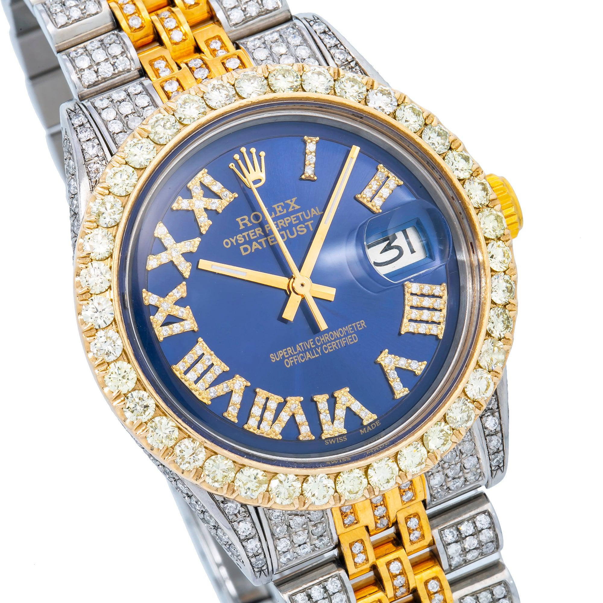 Rolex Datejust 36MM 1601 Blue Roman Diamond Dial Diamond Bezel Two Tone Yellow Gold Full Diamond Jubilee Bracelet 8.75ct