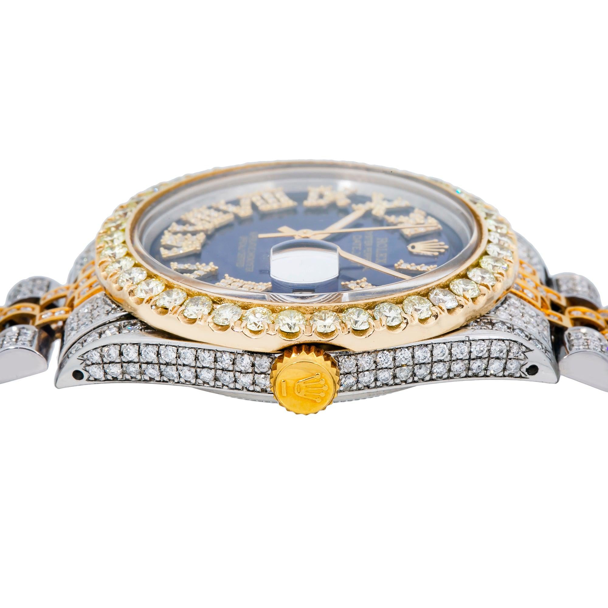 Rolex Datejust 36MM 1601 Blue Roman Diamond Dial Diamond Bezel Two Tone Yellow Gold Full Diamond Jubilee Bracelet 8.75ct
