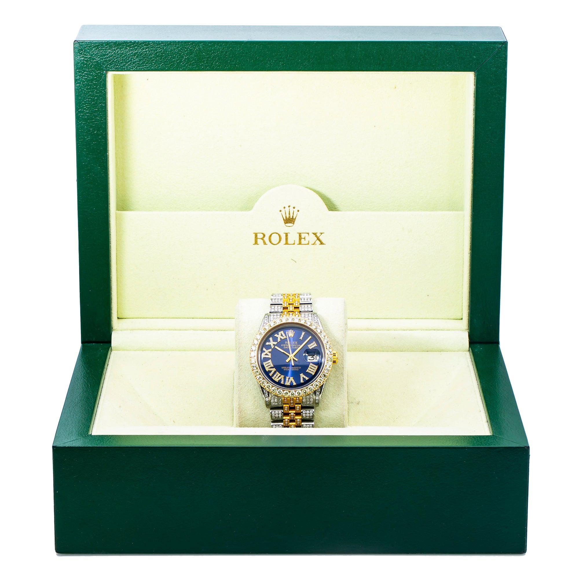Rolex Datejust 36MM 1601 Blue Roman Diamond Dial Diamond Bezel Two Tone Yellow Gold Full Diamond Jubilee Bracelet 8.75ct