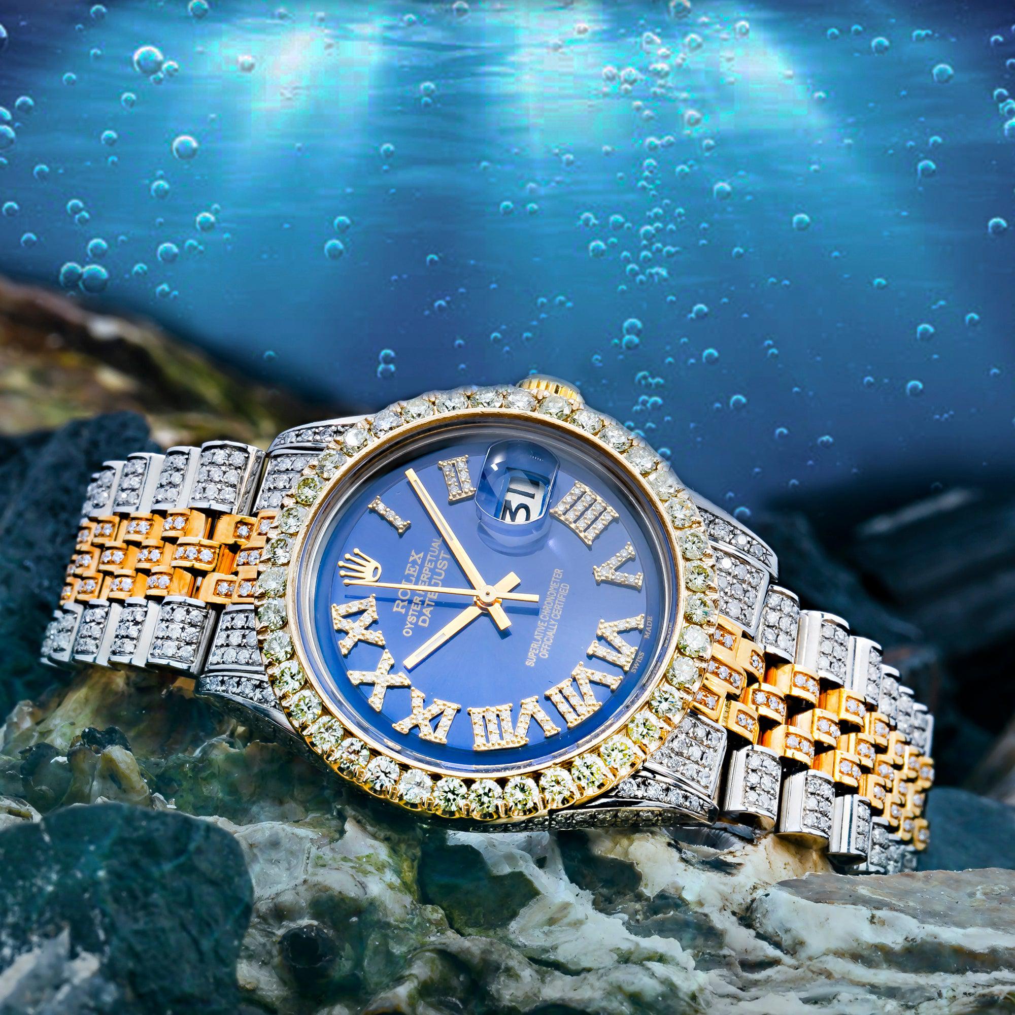 Rolex Datejust 36MM 1601 Blue Roman Diamond Dial Diamond Bezel Two Tone Yellow Gold Full Diamond Jubilee Bracelet 8.75ct