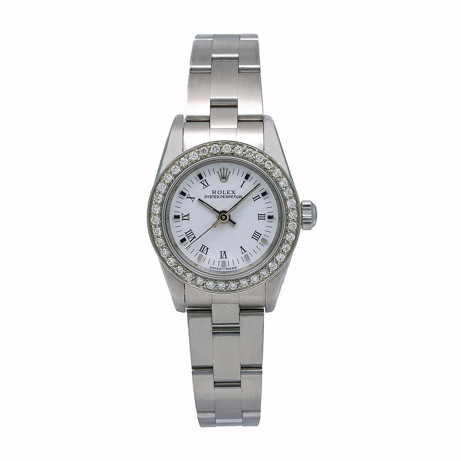 Rolex Oyster Perpetual 26MM 67193 White Roman Dial Diamond Bezel Stainless Steel Oyster Bracelet 0.8ct