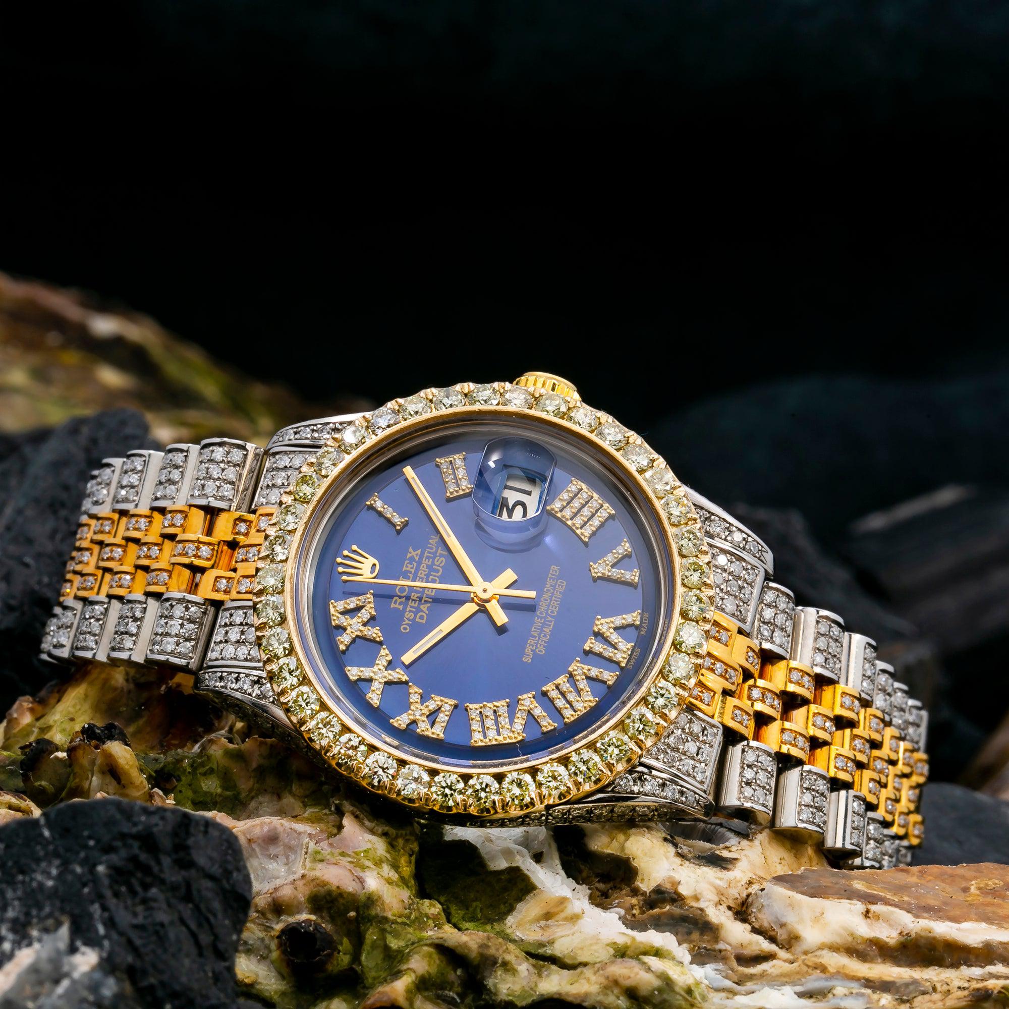 Rolex Datejust 36MM 1601 Blue Roman Diamond Dial Diamond Bezel Two Tone Yellow Gold Full Diamond Jubilee Bracelet 8.75ct