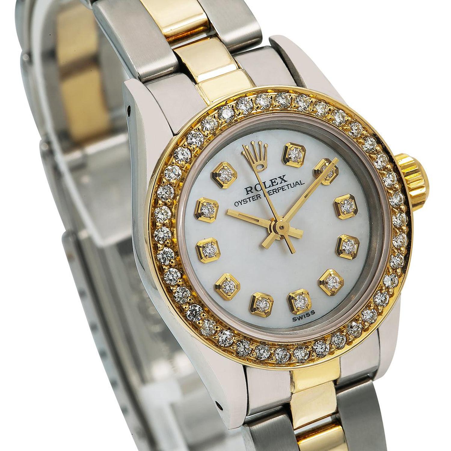 Rolex Oyster Perpetual 26MM 6719 Mother of Pearl Diamond Dial Diamond Bezel Two Tone Yellow Gold Oyster Bracelet 0.9ct