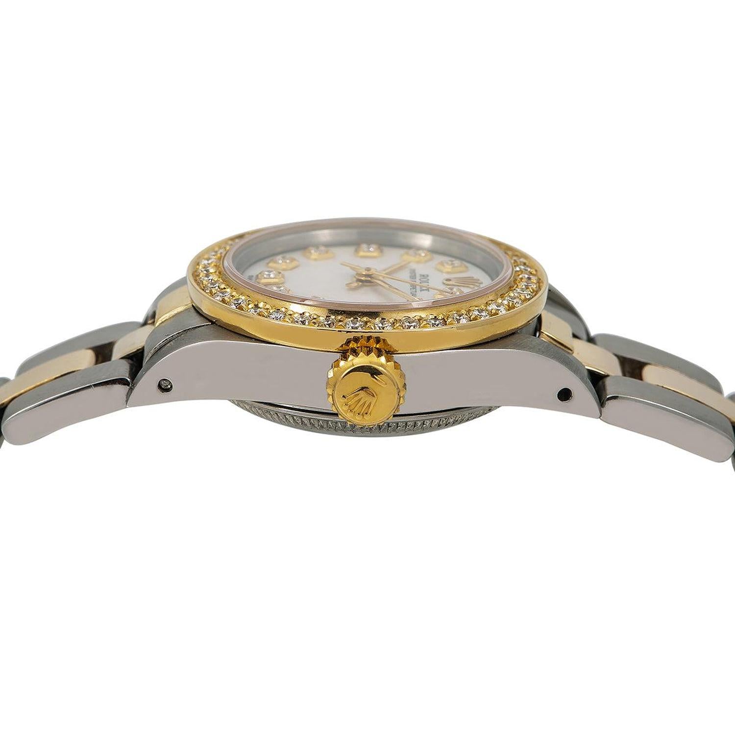 Rolex Oyster Perpetual 26MM 6719 Mother of Pearl Diamond Dial Diamond Bezel Two Tone Yellow Gold Oyster Bracelet 0.9ct