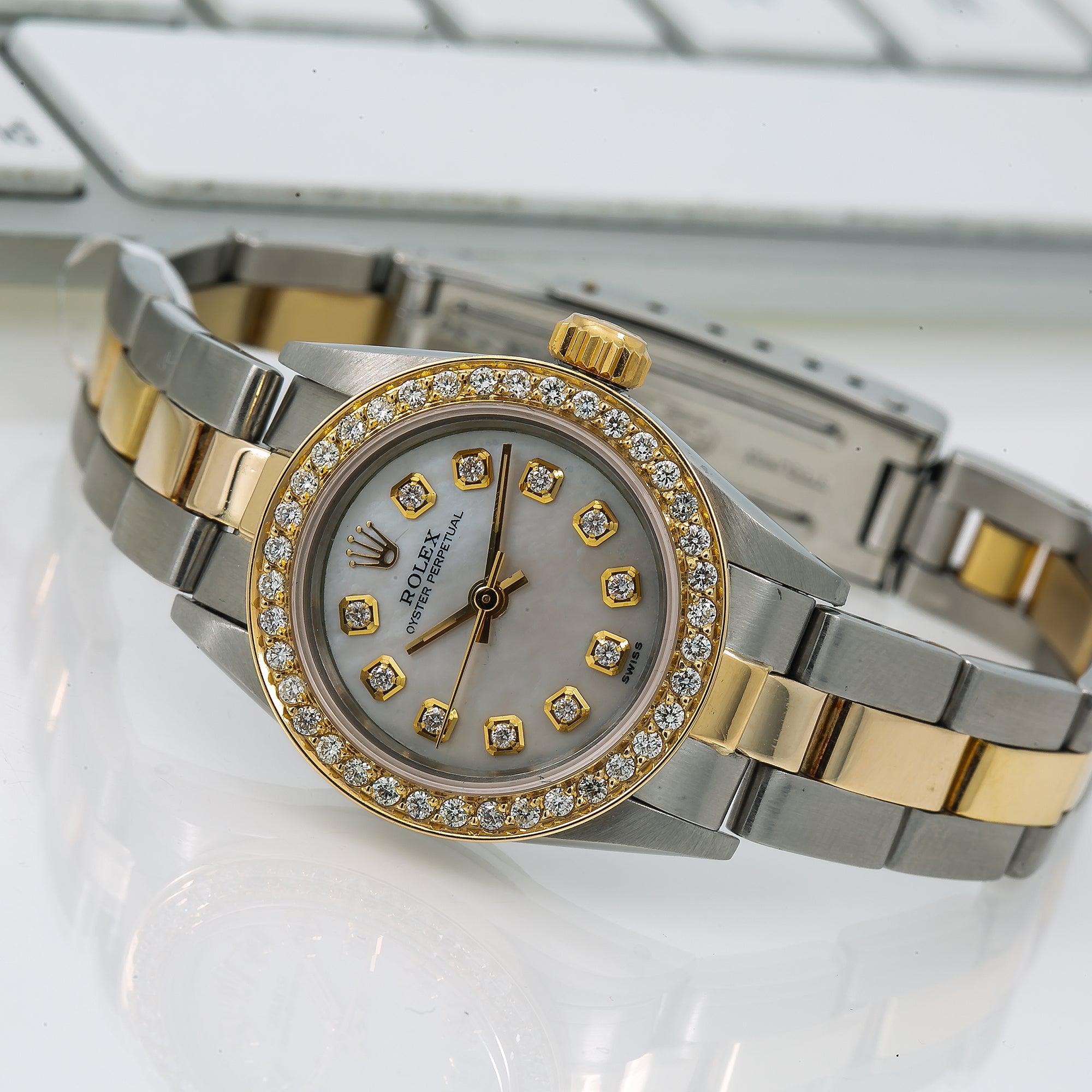 Rolex Oyster Perpetual 26MM 6719 Mother of Pearl Diamond Dial Diamond Bezel Two Tone Yellow Gold Oyster Bracelet 0.9ct