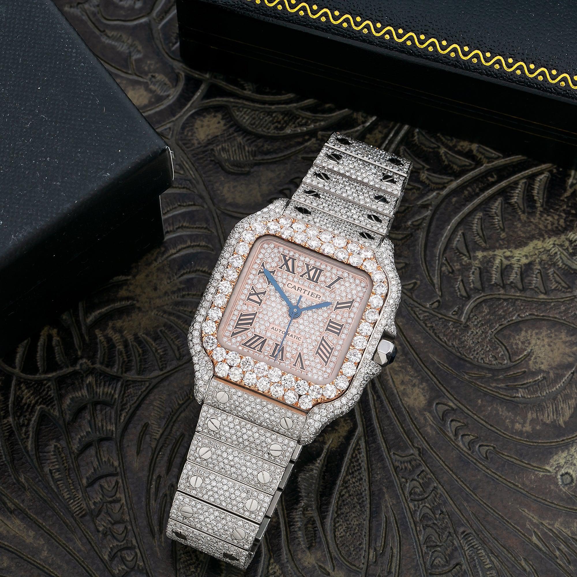 Cartier Santos 35.1MM WSSA0029 Diamond Paved Rose Gold Roman Dial Rose Gold Diamond Bezel Stainless Steel Full Diamond Bracelet 18.75ct