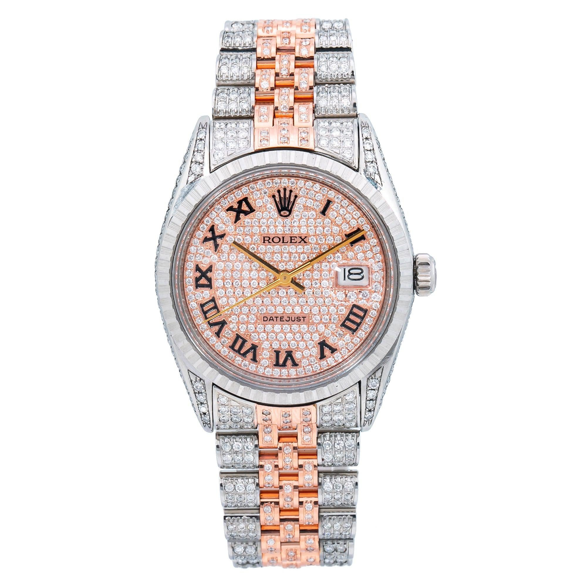 Rolex Datejust 36MM 16013 Diamond Paved Roman Dial Engine Turned Bezel Two Tone Full Diamond Jubilee Bracelet 9.75ct