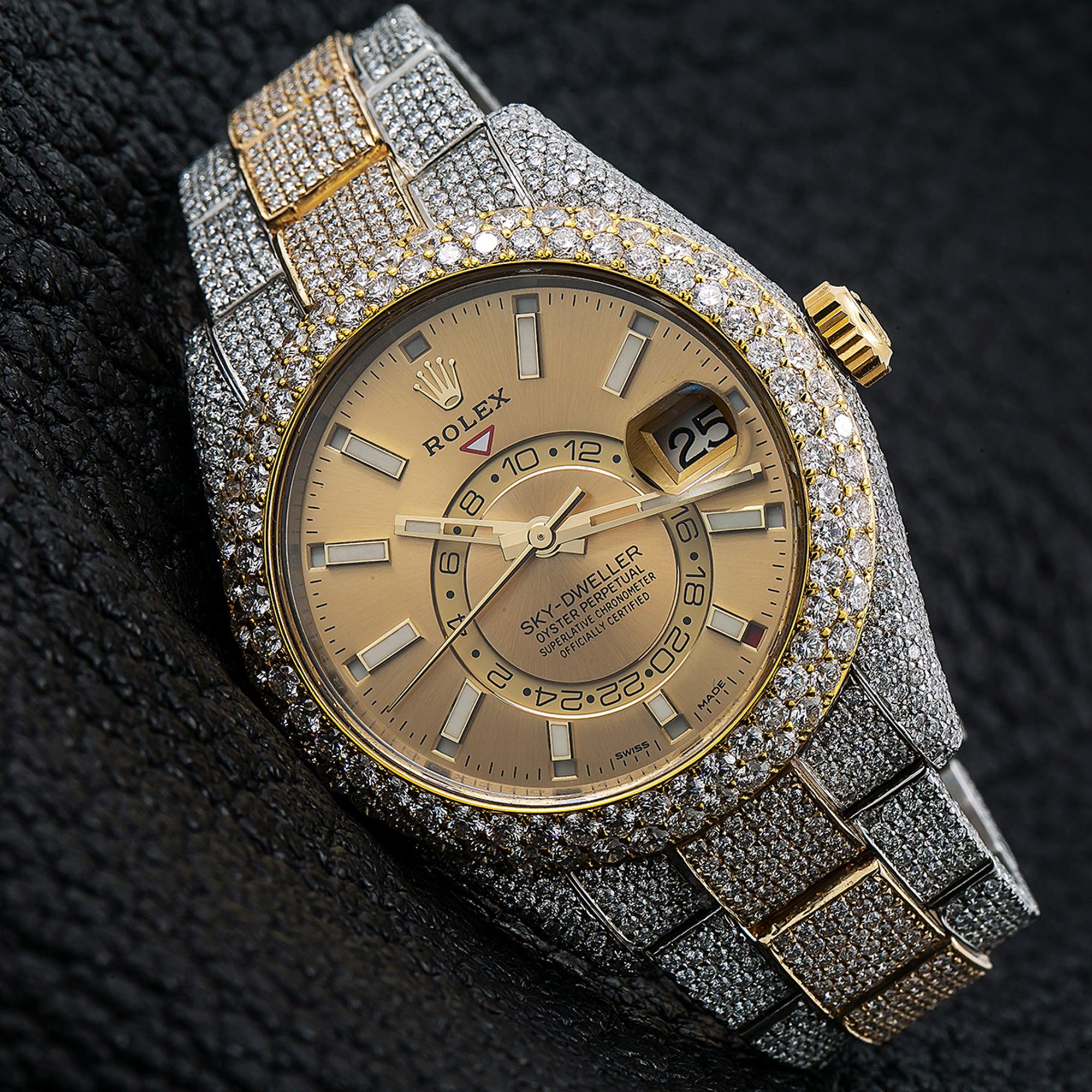 Rolex Sky-Dweller 42MM 326933 Champagne Dial Diamond Bezel Two Tone Yellow Gold Full Diamond Oyster Bracelet