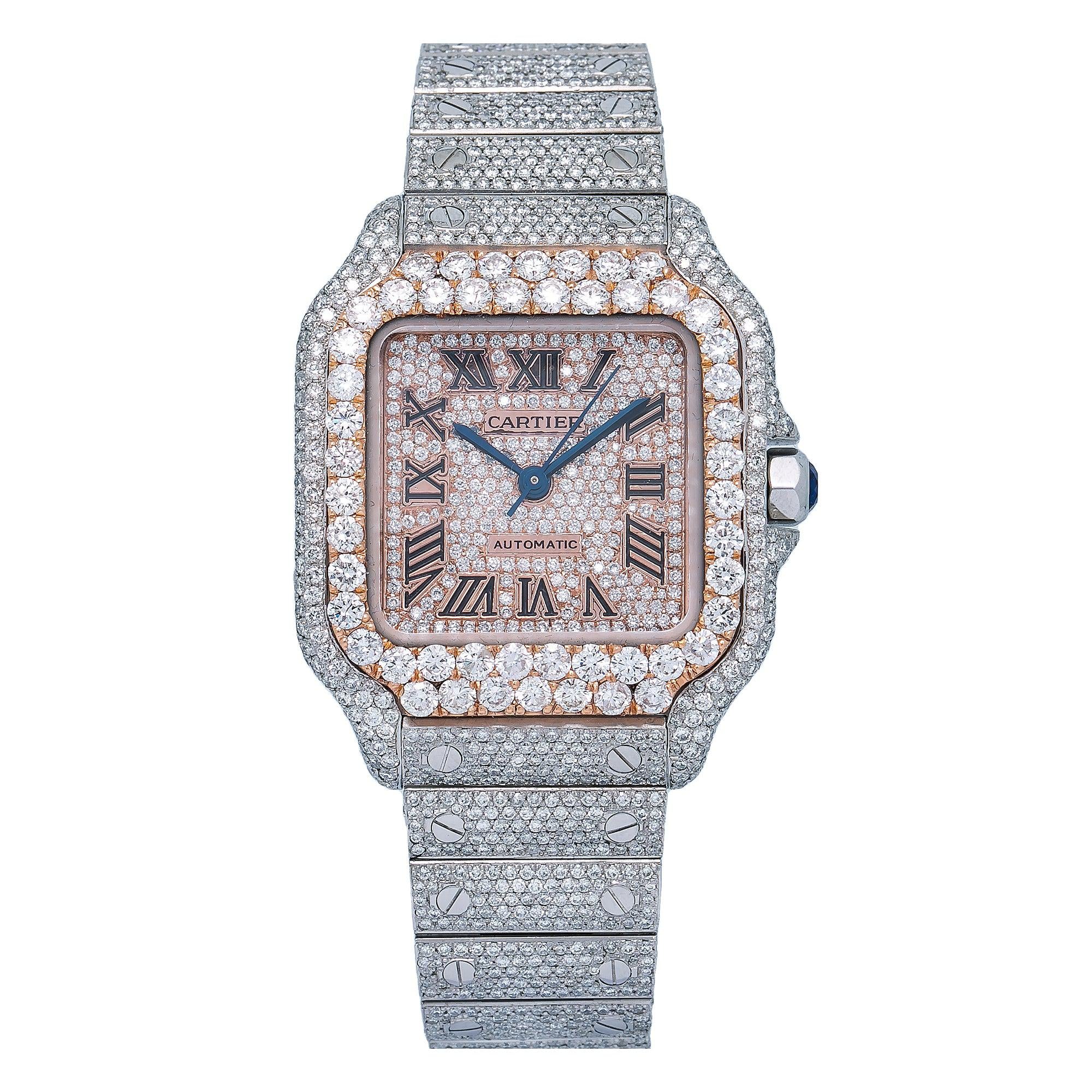 Cartier Santos 35.1MM WSSA0029 Diamond Paved Rose Gold Roman Dial Rose Gold Diamond Bezel Stainless Steel Full Diamond Bracelet 18.75ct