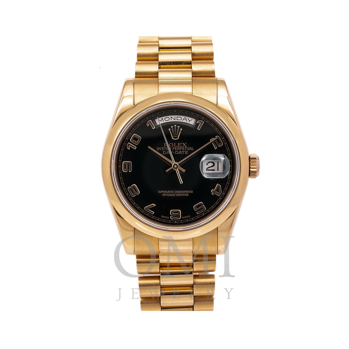 lærling Sporvogn Mansion Rolex Day-Date 118205 36MM Black Dial With Yellow Gold President Brace -  OMI Jewelry