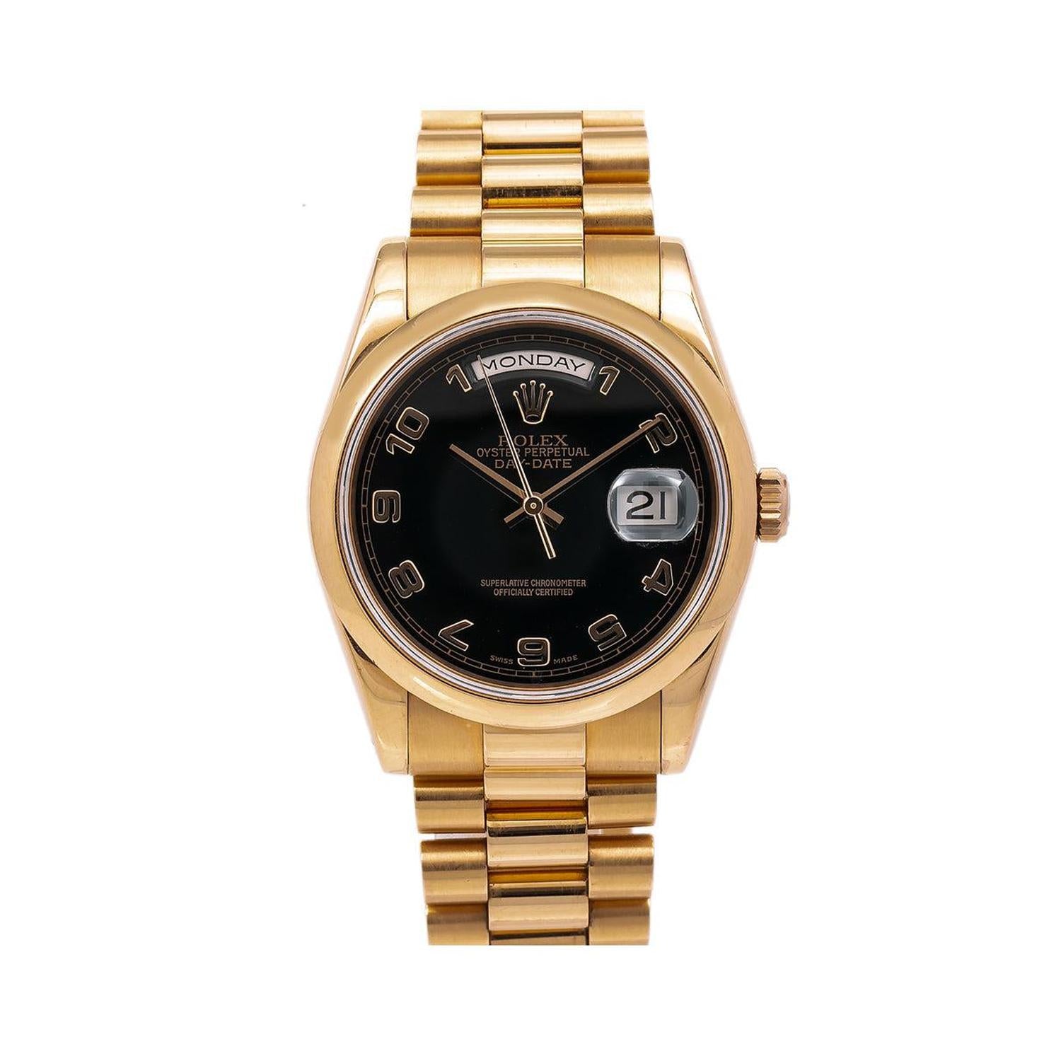 Rolex Day-Date 36MM 118208 Black Arabic Dial Yellow Gold Smooth Bezel 18K Yellow Gold President Bracelet