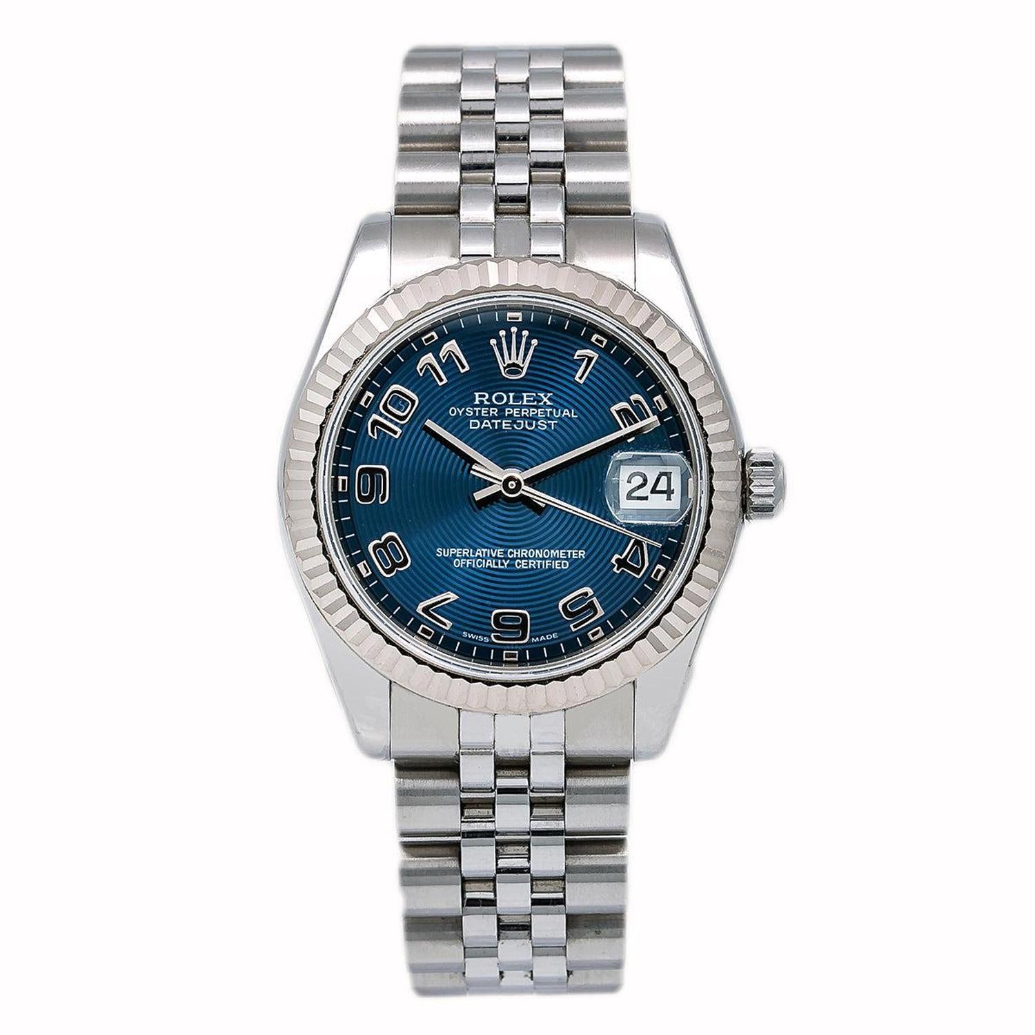 Rolex Datejust 31MM 178274 Blue Concentric Arabic Dial White Gold Fluted Bezel Stainless Steel Jubilee Bracelet