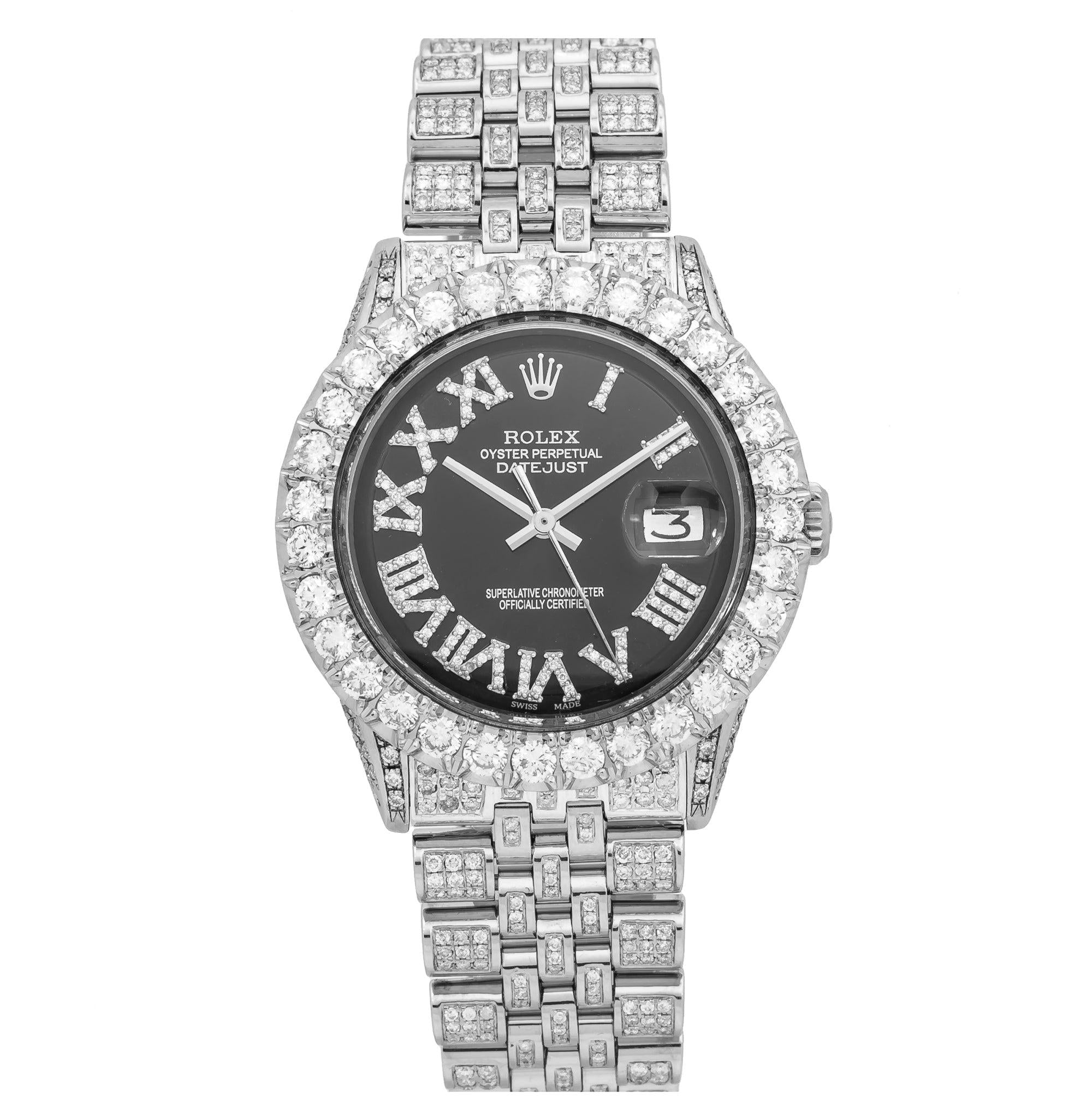 Rolex Datejust 36MM 1601 Black Roman Dial Diamond Bezel Full Diamond Oyster Bracelet 8.25ct