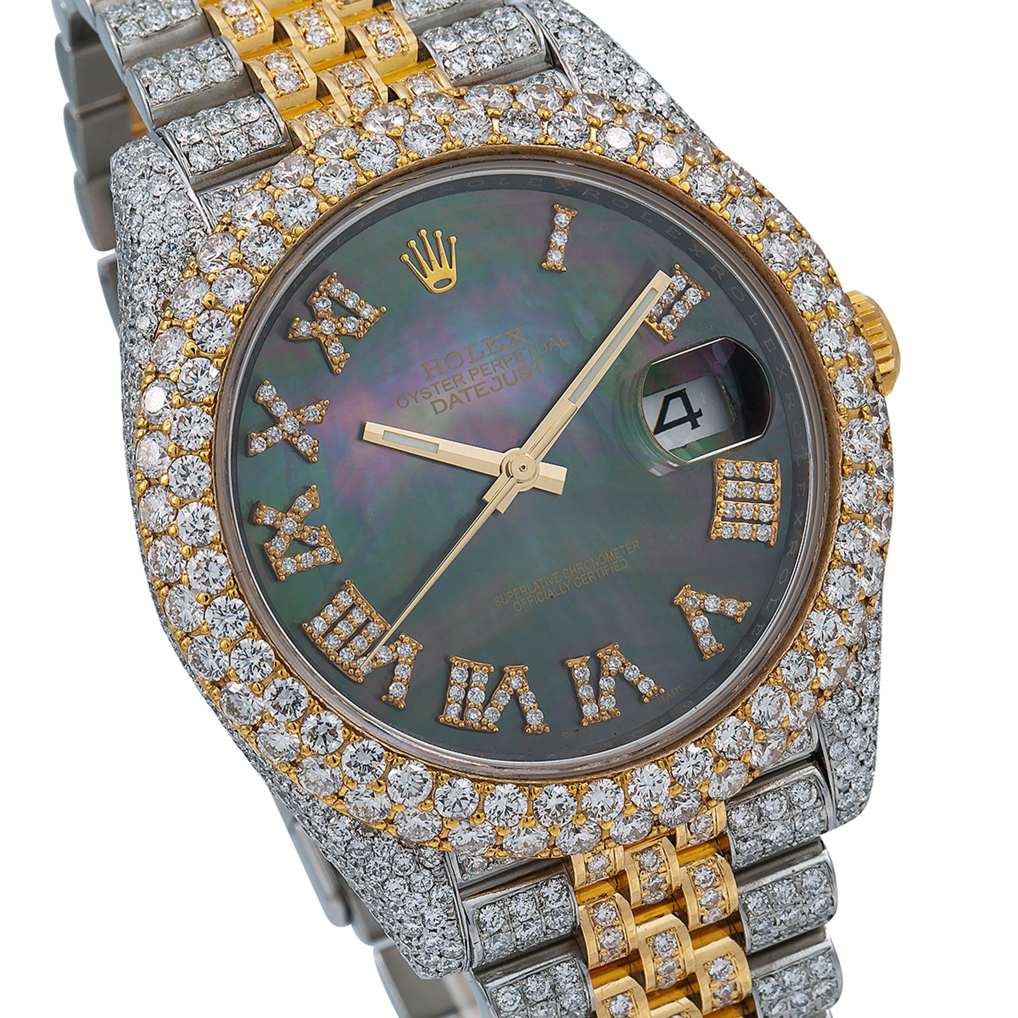 Rolex Datejust 41MM 126333 Black Mother of Pearl Roman Diamond Dial Diamond Bezel Two Tone Yellow Gold Full Diamond Jubilee Bracelet
