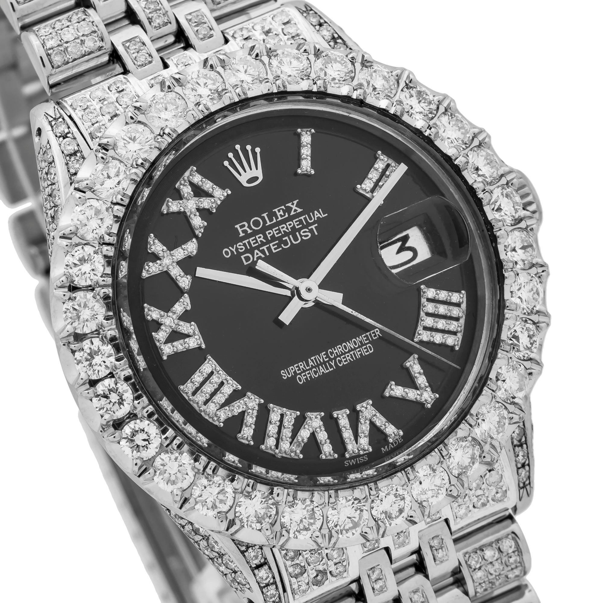 Rolex Datejust 36MM 1601 Black Roman Diamond Dial Diamond Bezel Stainless Steel Full Diamond Jubilee Bracelet 8.25ct
