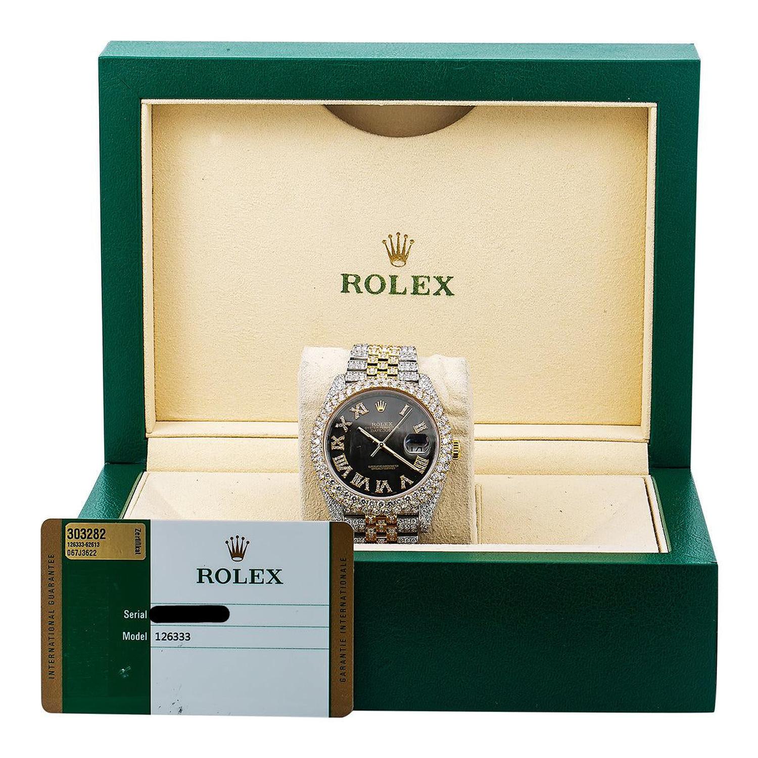 Rolex Datejust 41MM 126333 Black Mother of Pearl Roman Diamond Dial Diamond Bezel Two Tone Yellow Gold Full Diamond Jubilee Bracelet