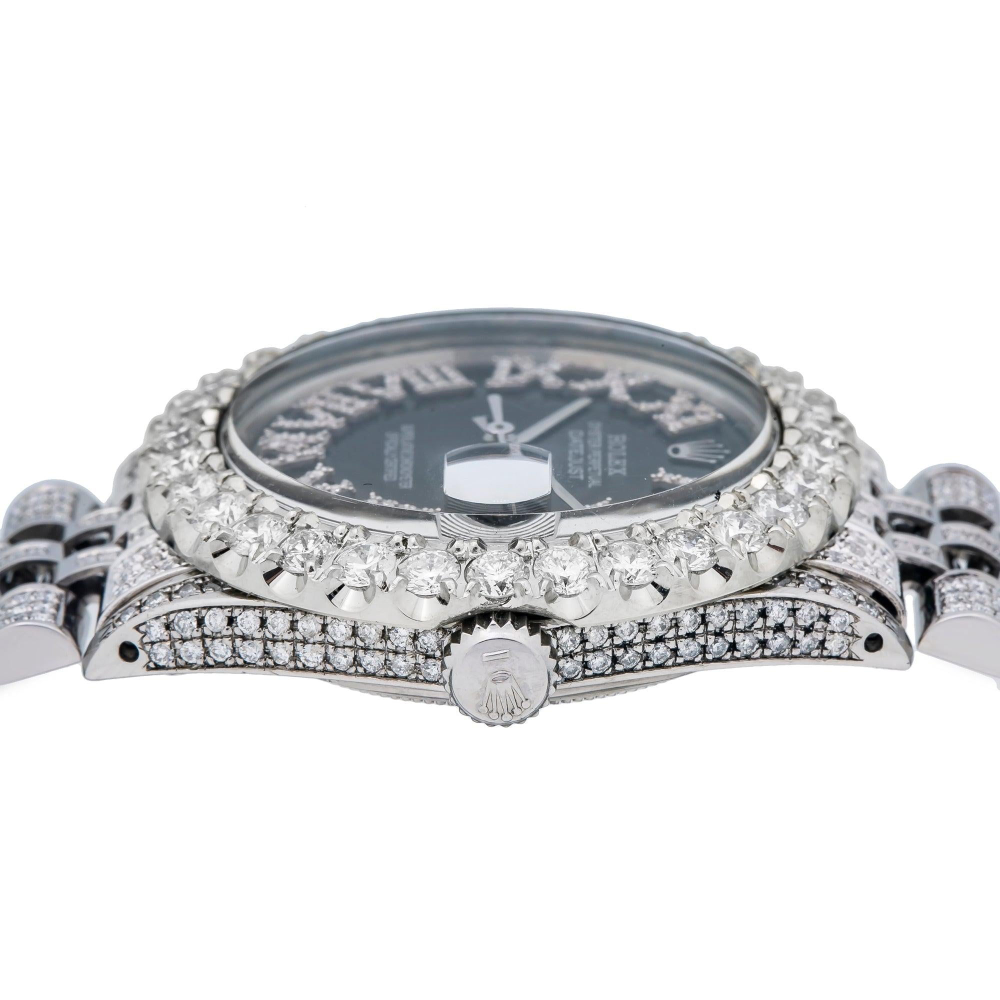 Rolex Datejust 36MM 1601 Black Roman Diamond Dial Diamond Bezel Stainless Steel Full Diamond Jubilee Bracelet 8.25ct