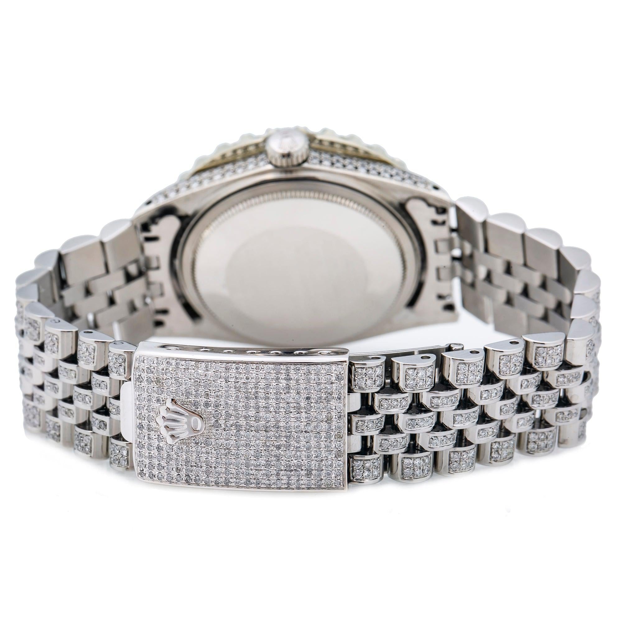 Rolex Datejust 36MM 1601 Black Roman Diamond Dial Diamond Bezel Stainless Steel Full Diamond Jubilee Bracelet 8.25ct