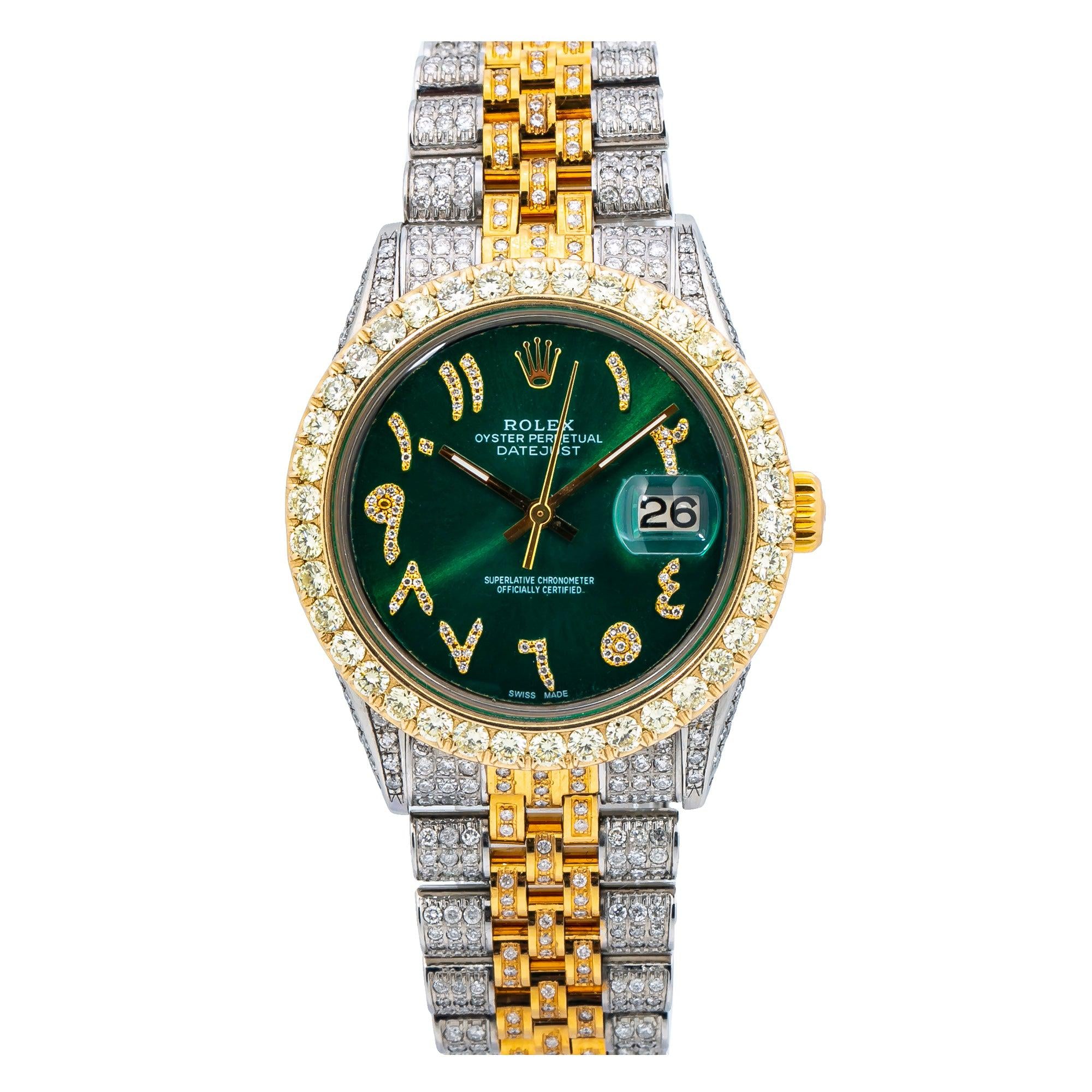 Rolex Datejust 36MM 1601 Green Eastern Arabic Dial Diamond Bezel Two Tone Full Diamond Jubilee Bracelet 8.25ct