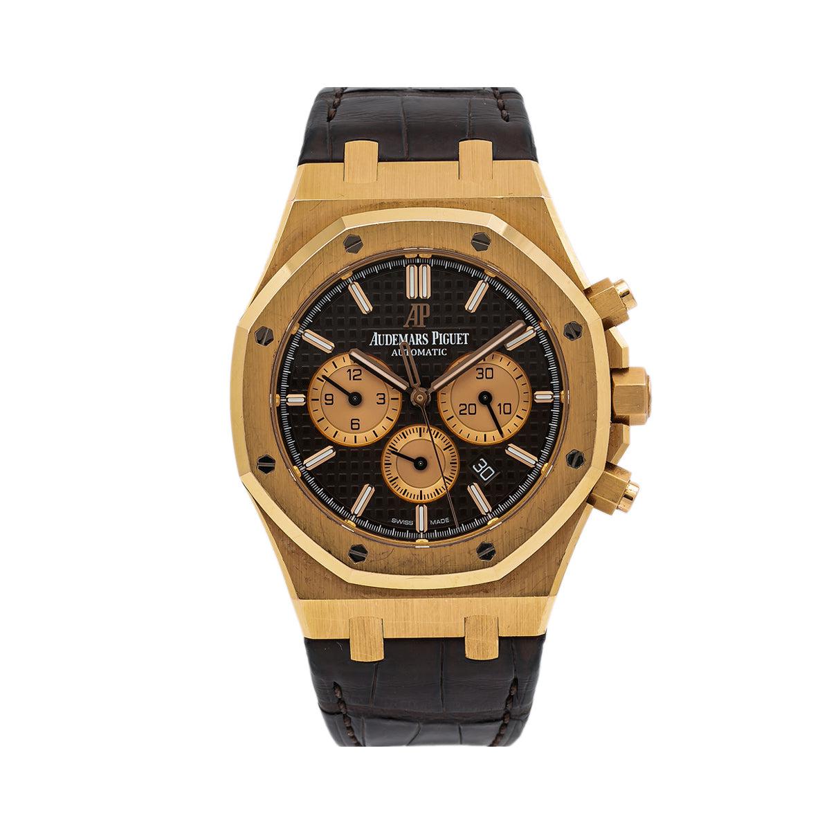 Audemars Piguet Royal Oak Chronograph 41MM 26331OR Black Dial Yellow Gold Bezel Brown Alligator Leather Strap