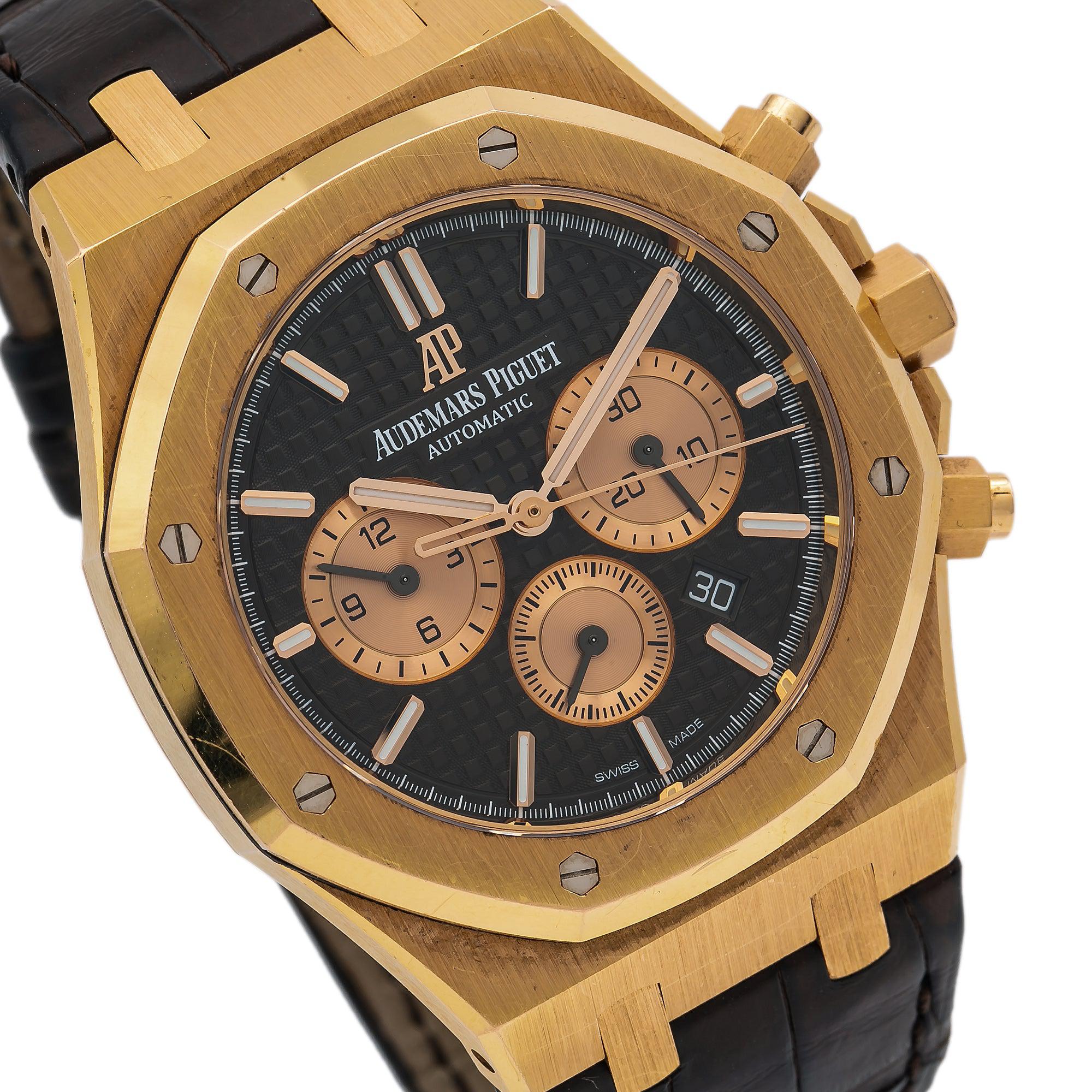 Audemars Piguet Royal Oak Chronograph 41MM 26331OR Black Dial Yellow Gold Bezel Brown Alligator Leather Strap