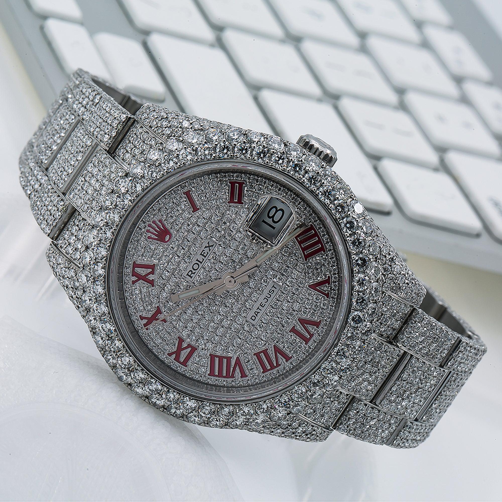 Rolex Datejust 41MM 116300 Diamond Paved Pink Roman Dial Diamond Bezel Stainless Steel Full Diamond Oyster Bracelet 19.75ct