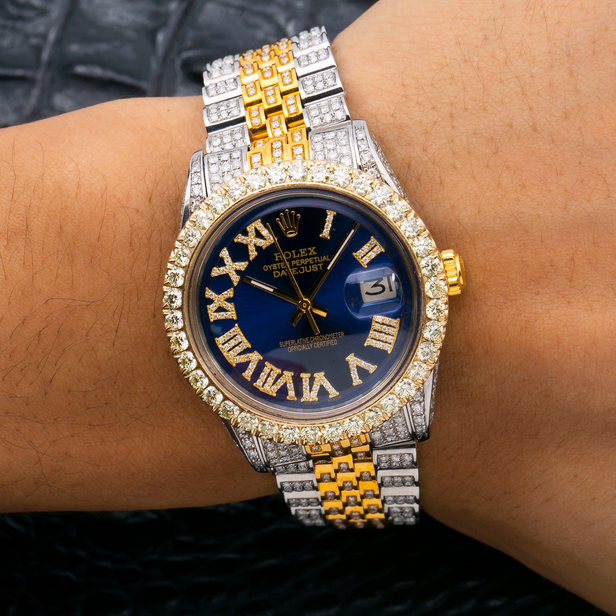Rolex Datejust 36MM 1601 Blue Roman Diamond Dial Diamond Bezel Two Tone Yellow Gold Full Diamond Jubilee Bracelet 8.75ct