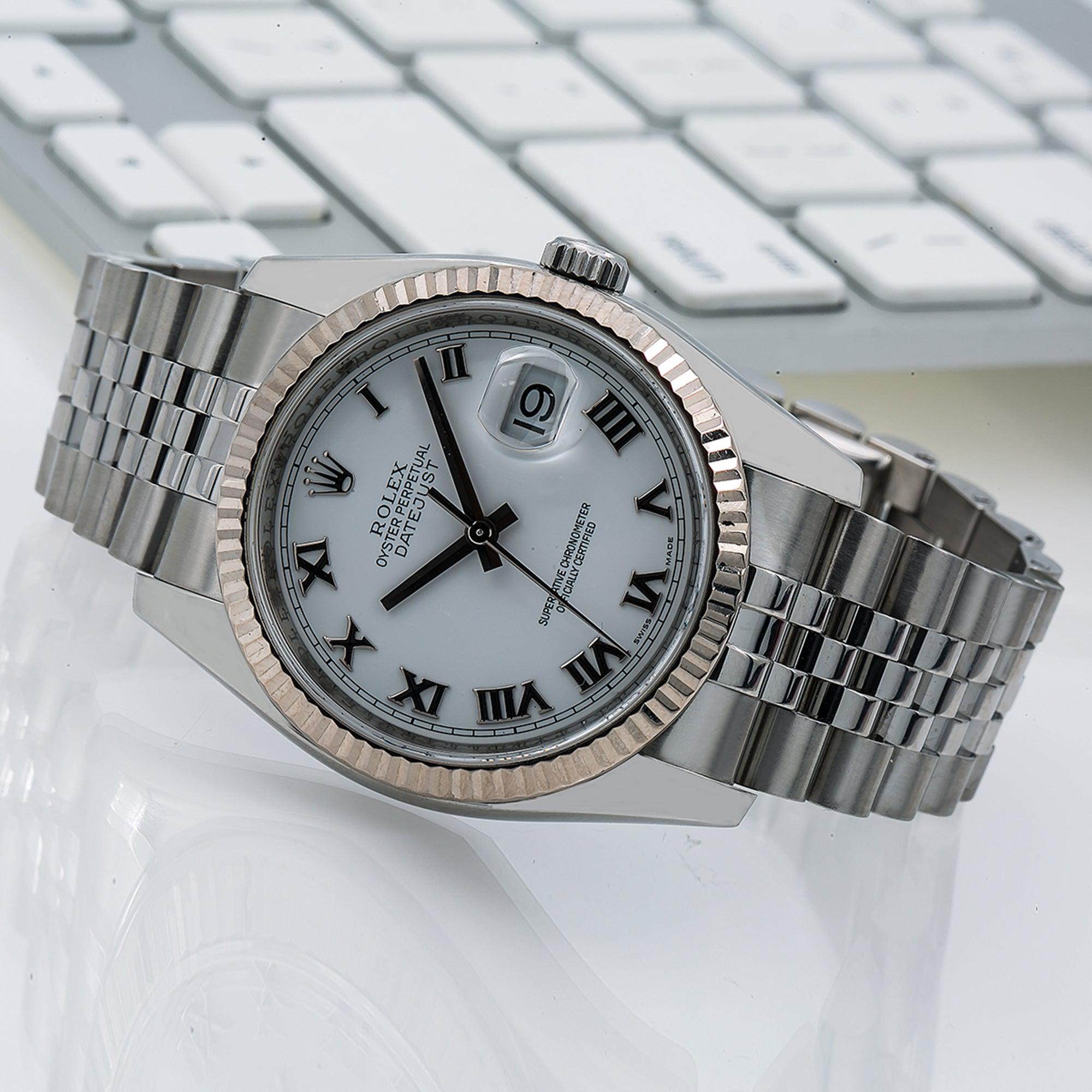 Rolex Datejust 36MM 116234 White Roman Dial Fluted Bezel Stainless Steel Jubilee Bracelet