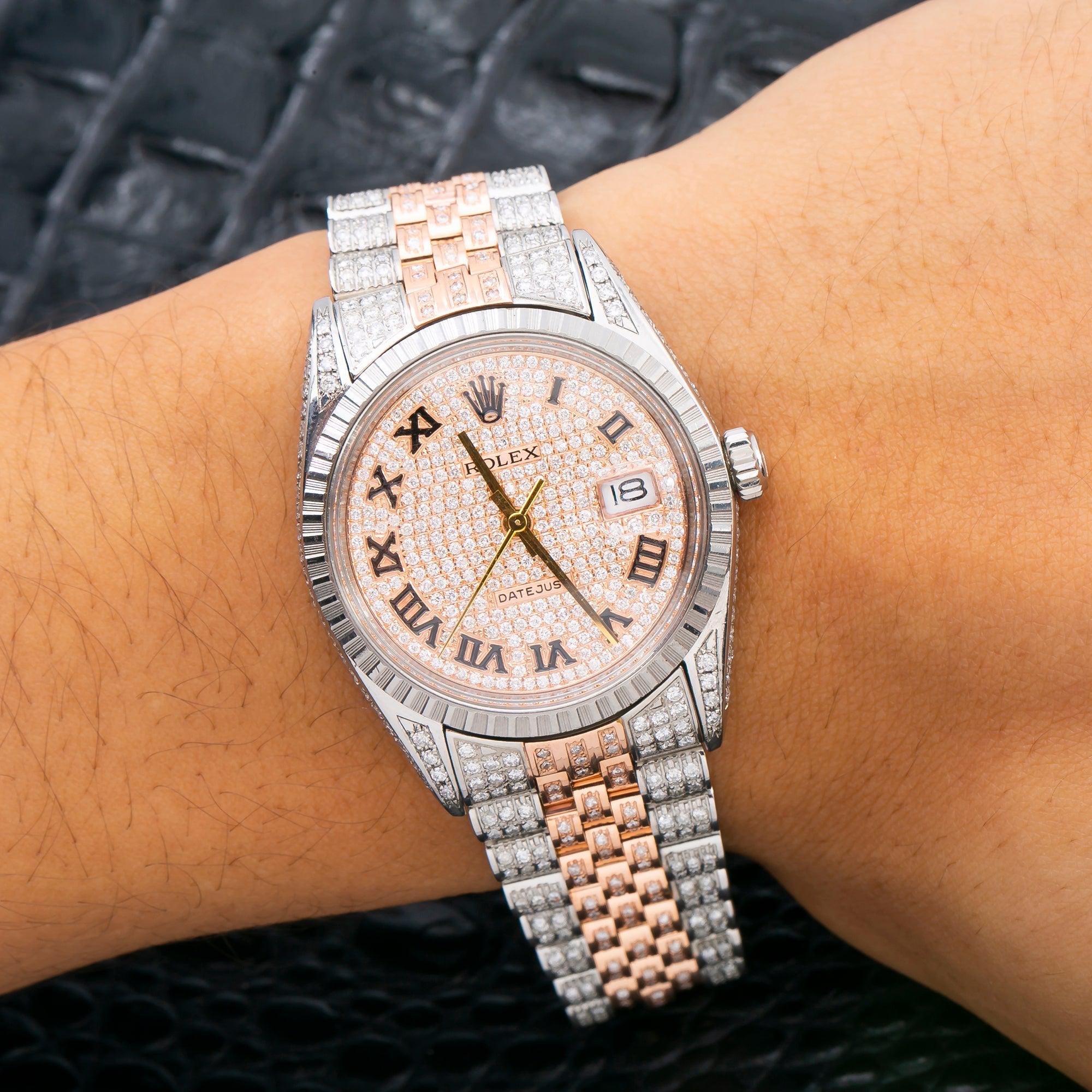 Rolex Datejust 36MM 16013 Diamond Paved Roman Dial Engine Turned Bezel Two Tone Rose Gold Full Diamond Jubilee Bracelet 9.75ct